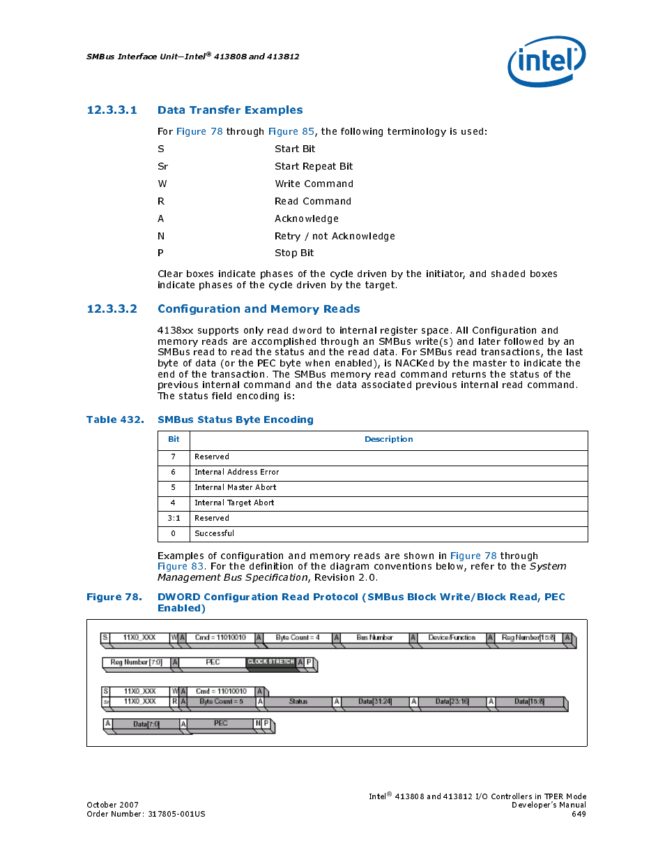 1 data transfer examples, 2 configuration and memory reads, Table 432. smbus status byte encoding | 432 smbus status byte encoding | Intel CONTROLLERS 413808 User Manual | Page 649 / 824