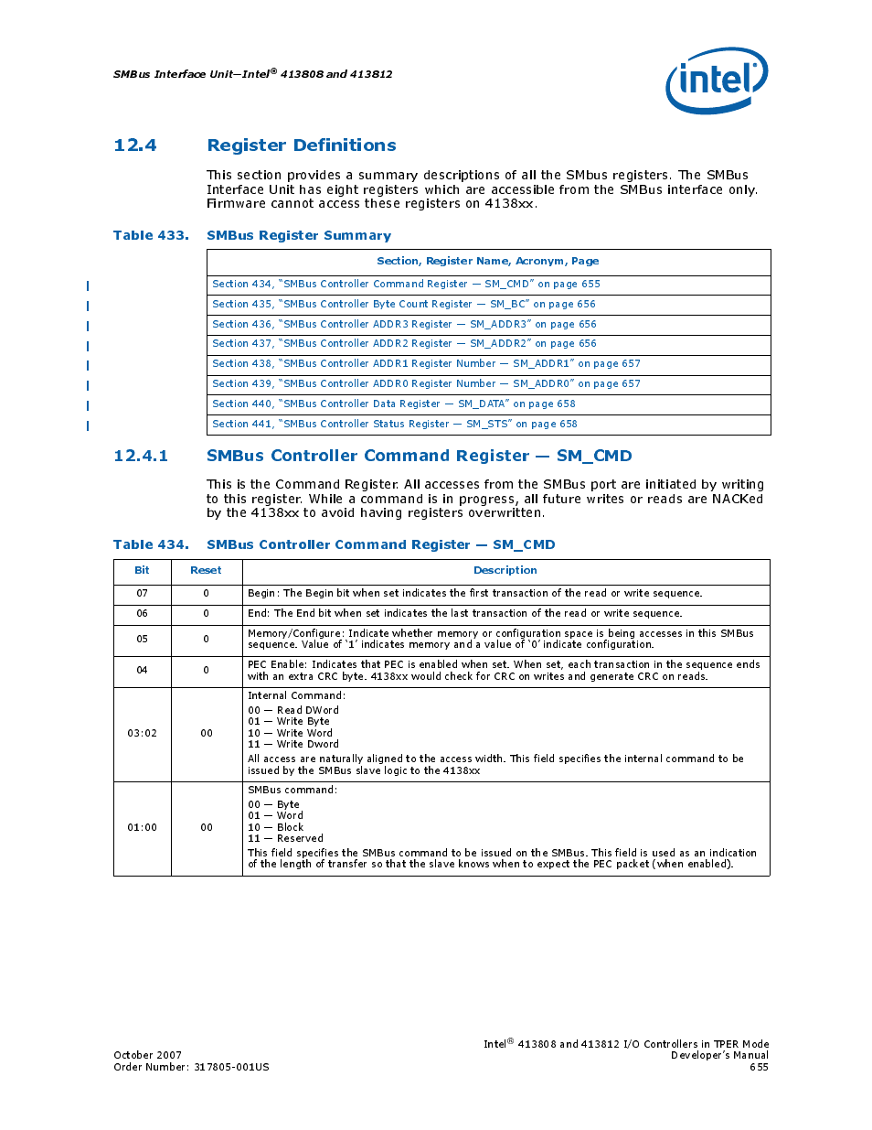 4 register definitions, Table 433. smbus register summary, 1 smbus controller command register - sm_cmd | 1 smbus controller command register — sm_cmd, 433 smbus register summary, 434 smbus controller command register — sm_cmd | Intel CONTROLLERS 413808 User Manual | Page 655 / 824