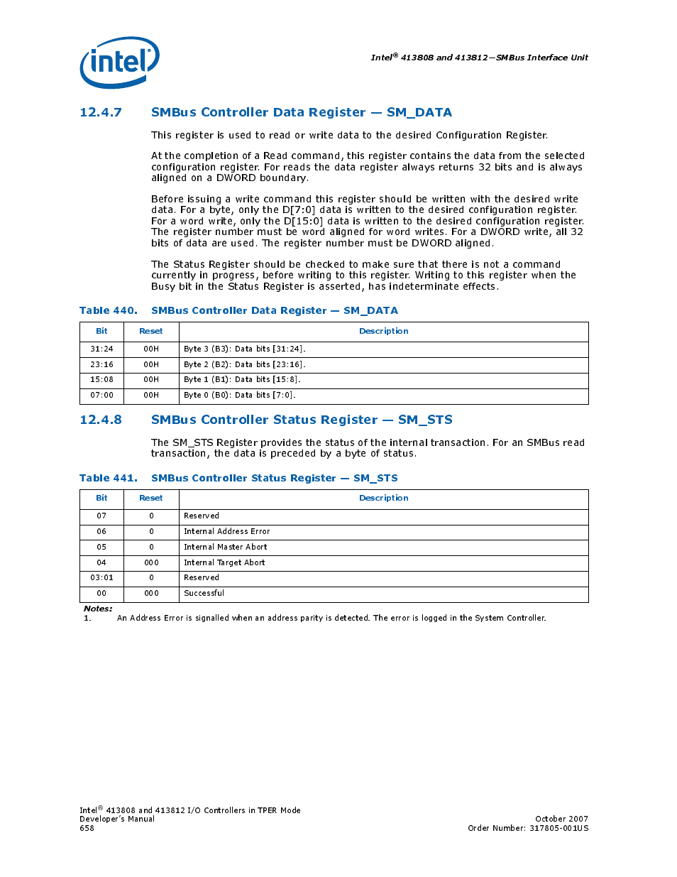 7 smbus controller data register - sm_data, 8 smbus controller status register - sm_sts, 7 smbus controller data register — sm_data | 8 smbus controller status register — sm_sts, 440 smbus controller data register — sm_data, 441 smbus controller status register — sm_sts | Intel CONTROLLERS 413808 User Manual | Page 658 / 824