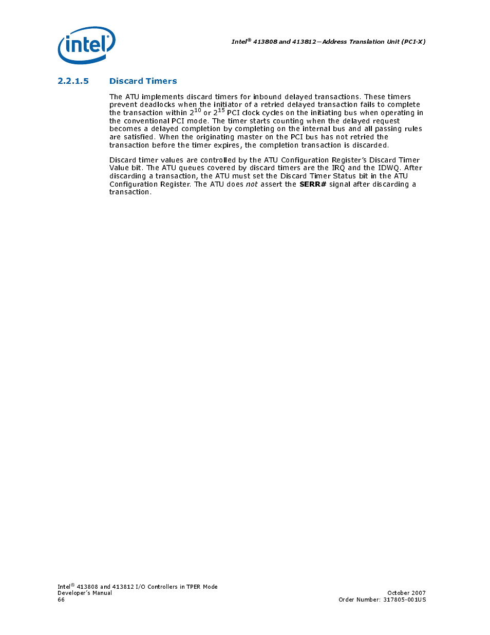 5 discard timers, Serr | Intel CONTROLLERS 413808 User Manual | Page 66 / 824