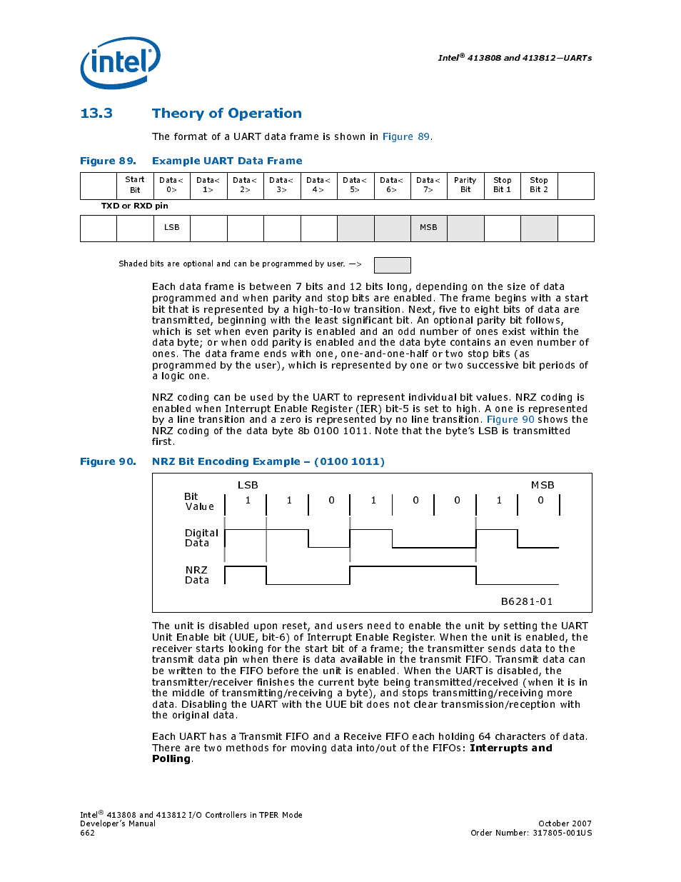 3 theory of operation, Figure 89. example uart data frame, Figure 90. nrz bit encoding example - (0100 1011) | 89 example uart data frame, 90 nrz bit encoding example – (0100 1011), Interrupts and polling | Intel CONTROLLERS 413808 User Manual | Page 662 / 824