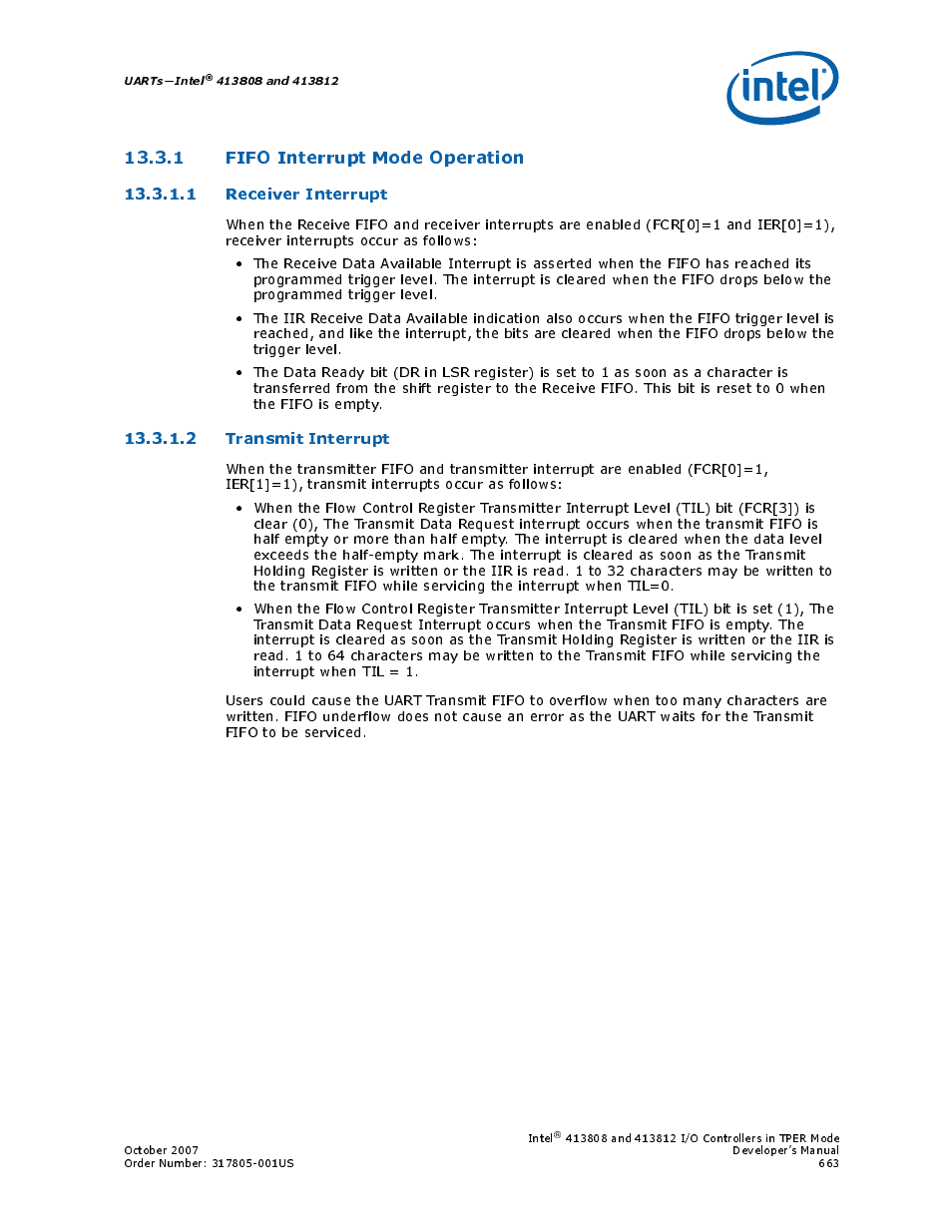 1 fifo interrupt mode operation, 1 receiver interrupt, 2 transmit interrupt | Intel CONTROLLERS 413808 User Manual | Page 663 / 824
