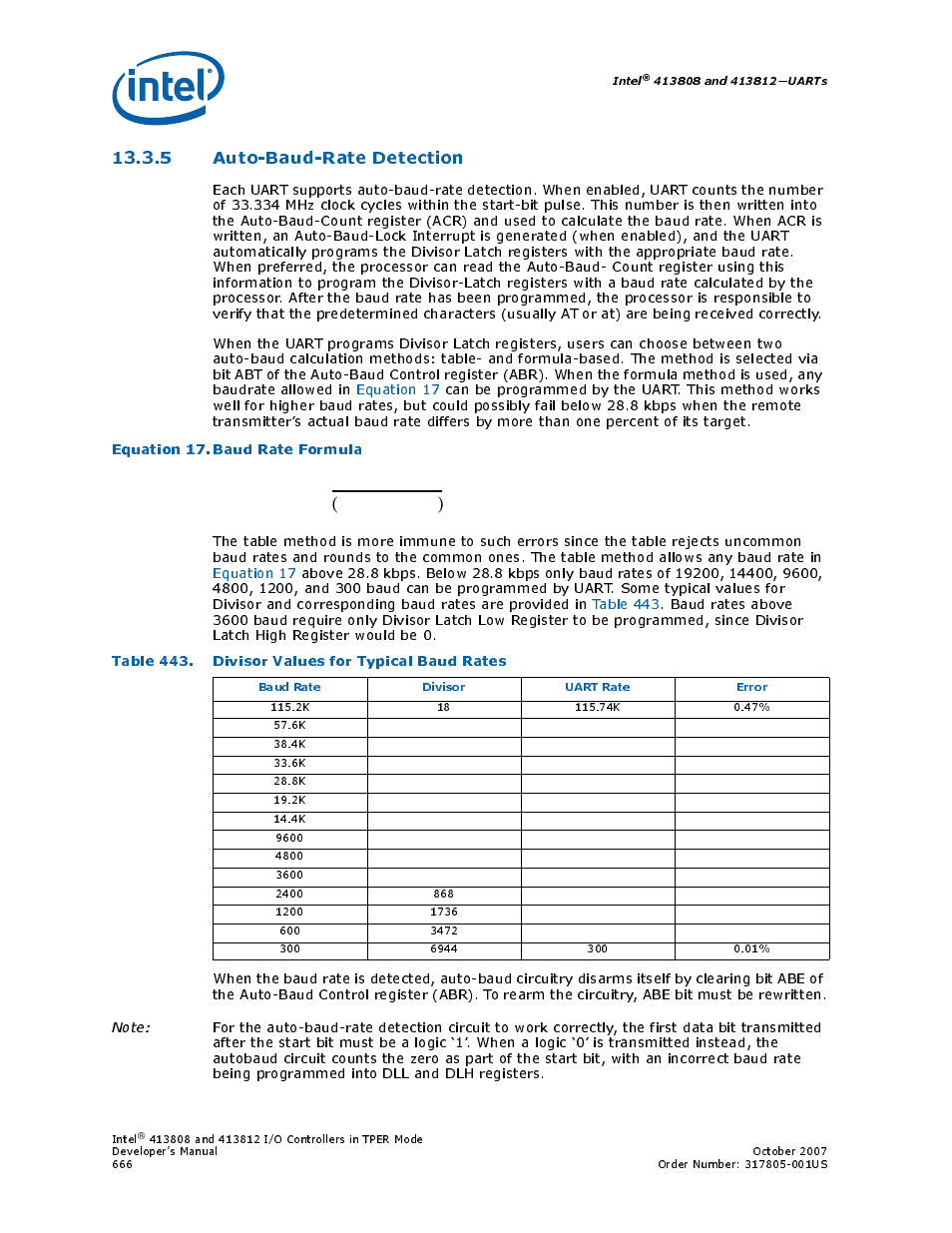 5 auto-baud-rate detection, Equation 17. baud rate formula, Table 443. divisor values for typical baud rates | 443 divisor values for typical baud rates, Equation 17.baud rate formula | Intel CONTROLLERS 413808 User Manual | Page 666 / 824