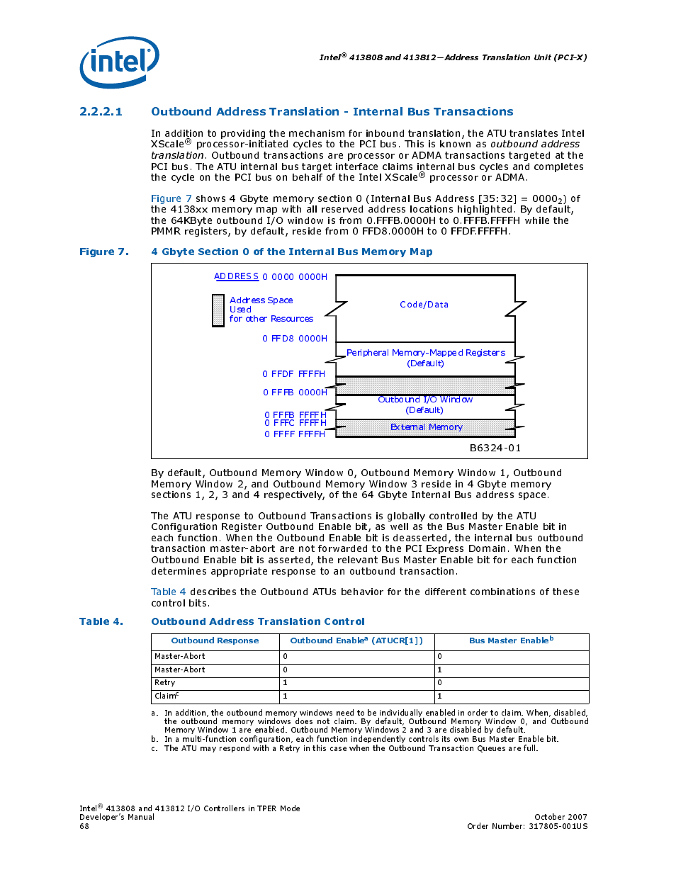 Table 4. outbound address translation control, 7 4 gbyte section 0 of the internal bus memory map, 4 outbound address translation control | Intel CONTROLLERS 413808 User Manual | Page 68 / 824