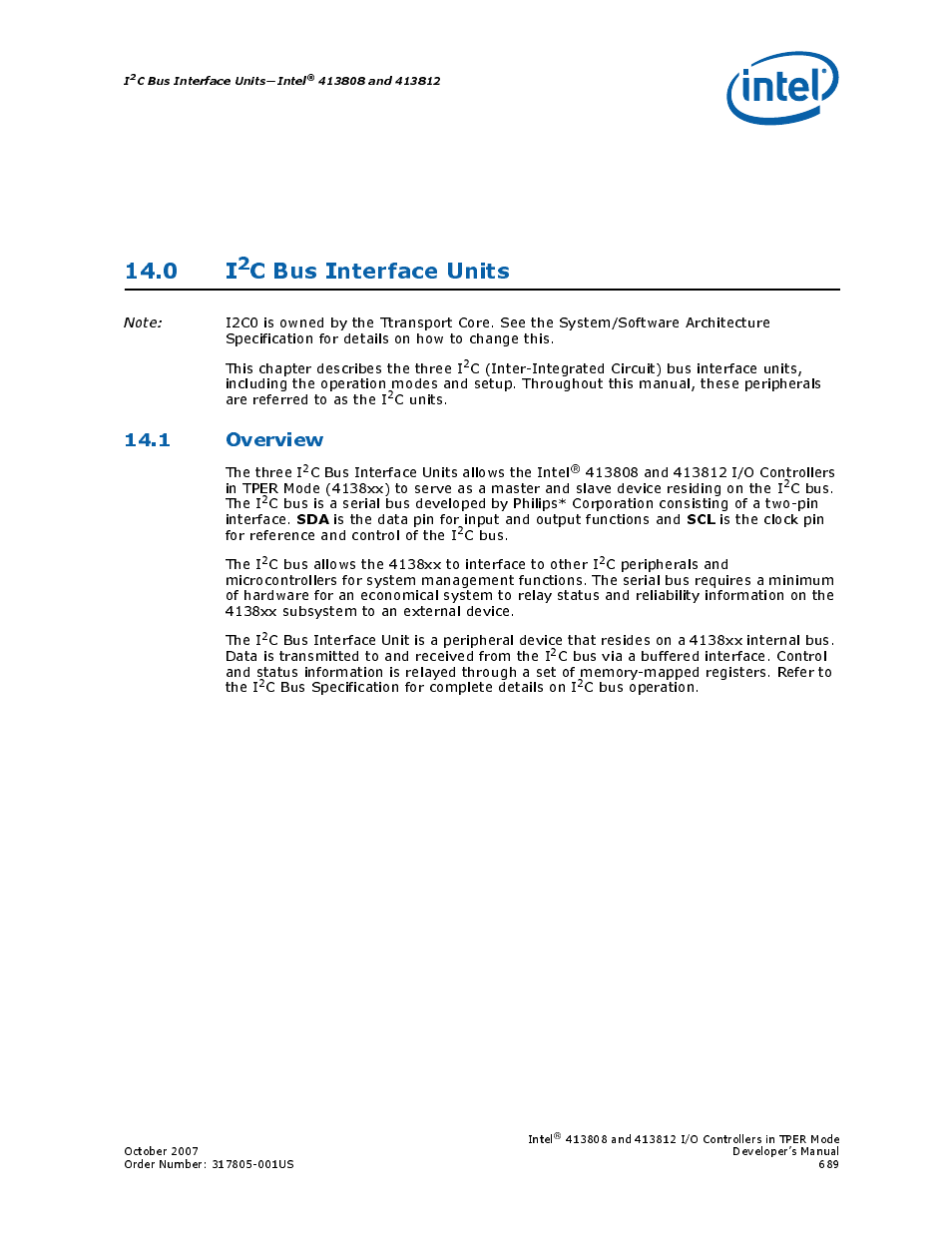 0 i2c bus interface units, 1 overview | Intel CONTROLLERS 413808 User Manual | Page 689 / 824