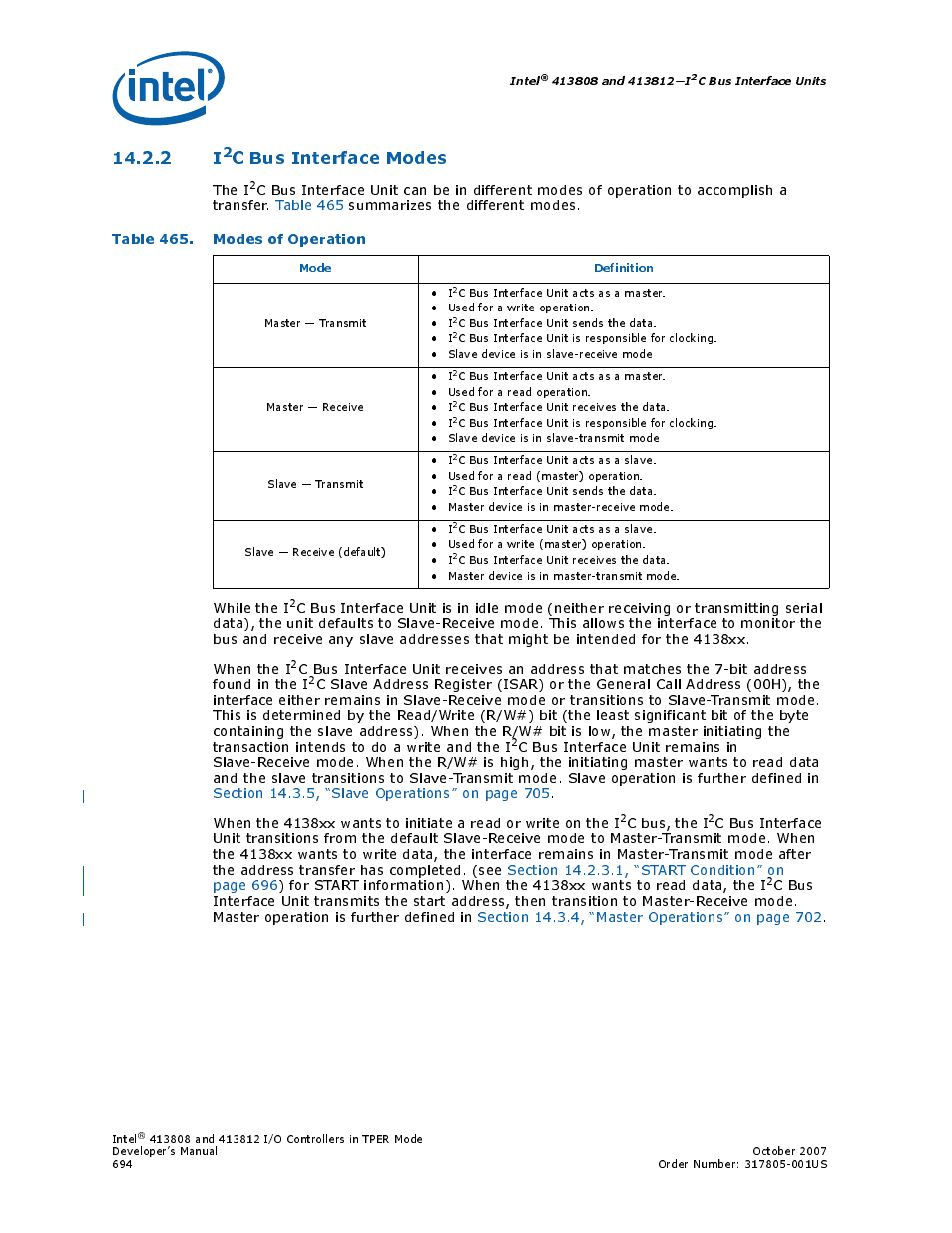 2 i2c bus interface modes, Table 465. modes of operation, 465 modes of operation | C bus interface modes, The i, C bus, the i | Intel CONTROLLERS 413808 User Manual | Page 694 / 824