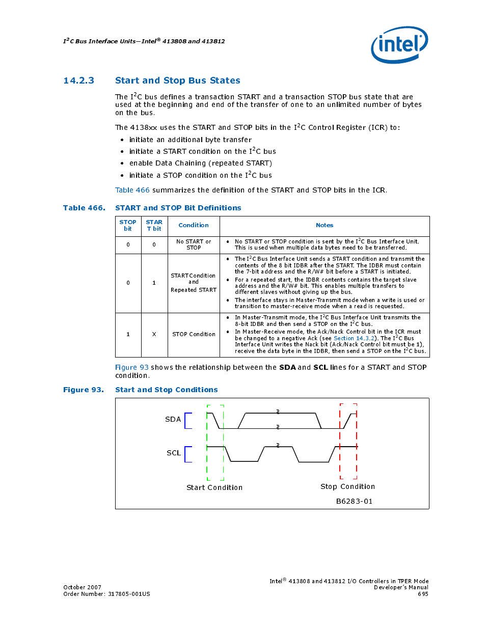 3 start and stop bus states, Table 466. start and stop bit definitions, Figure 93. start and stop conditions | 93 start and stop conditions, 466 start and stop bit definitions, The i, Lines for a start and stop condition | Intel CONTROLLERS 413808 User Manual | Page 695 / 824