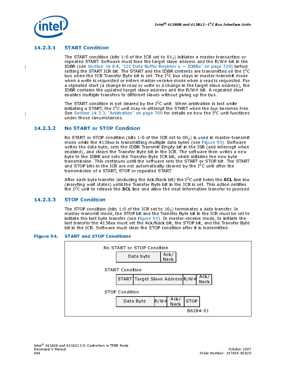 1 start condition, 2 no start or stop condition, 3 stop condition | Figure 94. start and stop conditions, 94 start and stop conditions, Section 14.2.3.1, “start condition” on, The start condition (bits 1:0 of the icr set to 01, Cbus when the icr transfer byte bit is set. the i, C unit functions under those circumstances, C unit holds the | Intel CONTROLLERS 413808 User Manual | Page 696 / 824