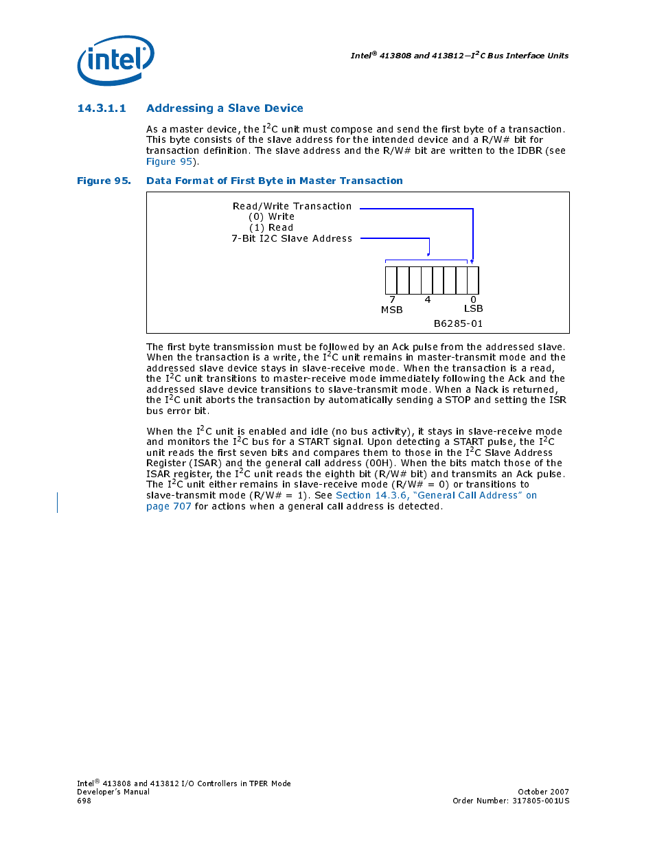 1 addressing a slave device, 95 data format of first byte in master transaction, As a master device, the i | Intel CONTROLLERS 413808 User Manual | Page 698 / 824