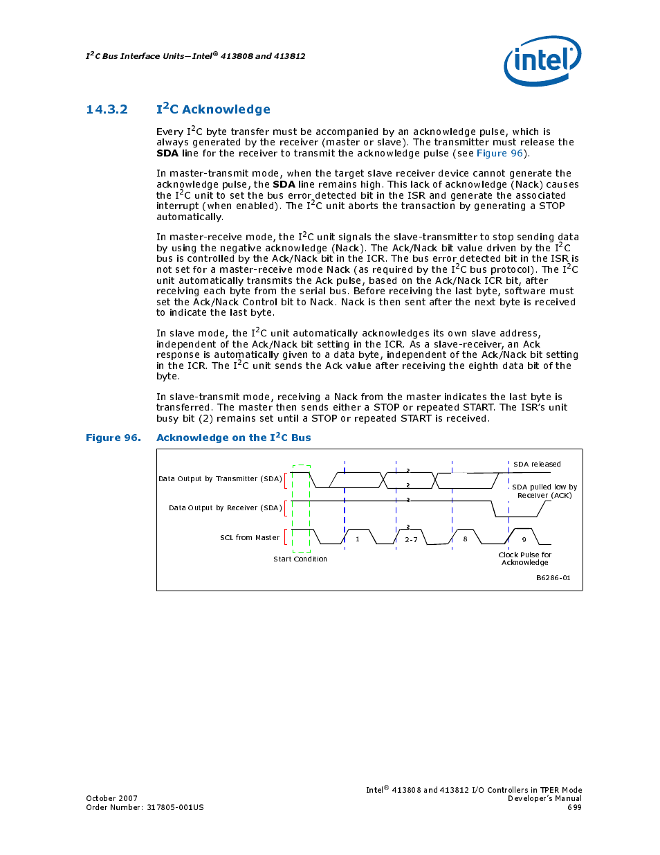 2 i2c acknowledge, Figure 96. acknowledge on the i2c bus, 96 acknowledge on the i | Section 14.3.2, Section 14.3.2, “i2c, C acknowledge, Figure 96. acknowledge on the i, C bus, Every i, C bus protocol). the i | Intel CONTROLLERS 413808 User Manual | Page 699 / 824