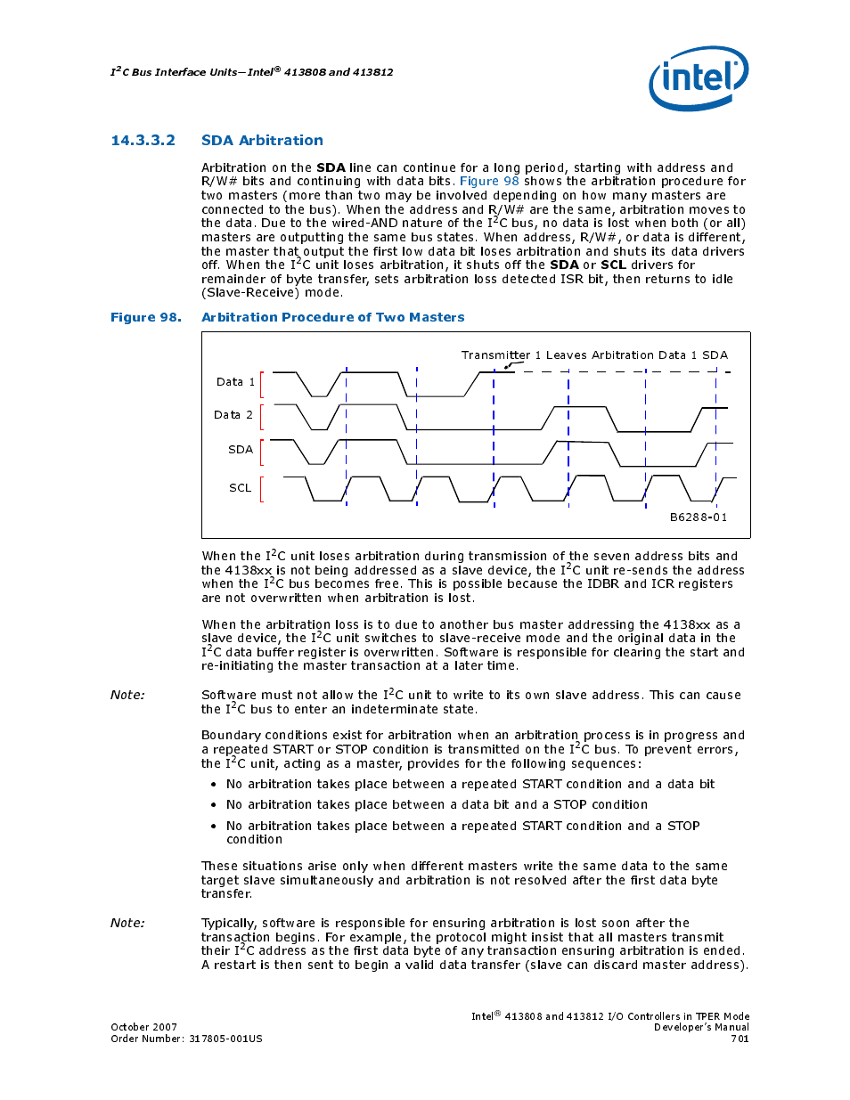 2 sda arbitration, Figure 98. arbitration procedure of two masters, 98 arbitration procedure of two masters | Intel CONTROLLERS 413808 User Manual | Page 701 / 824