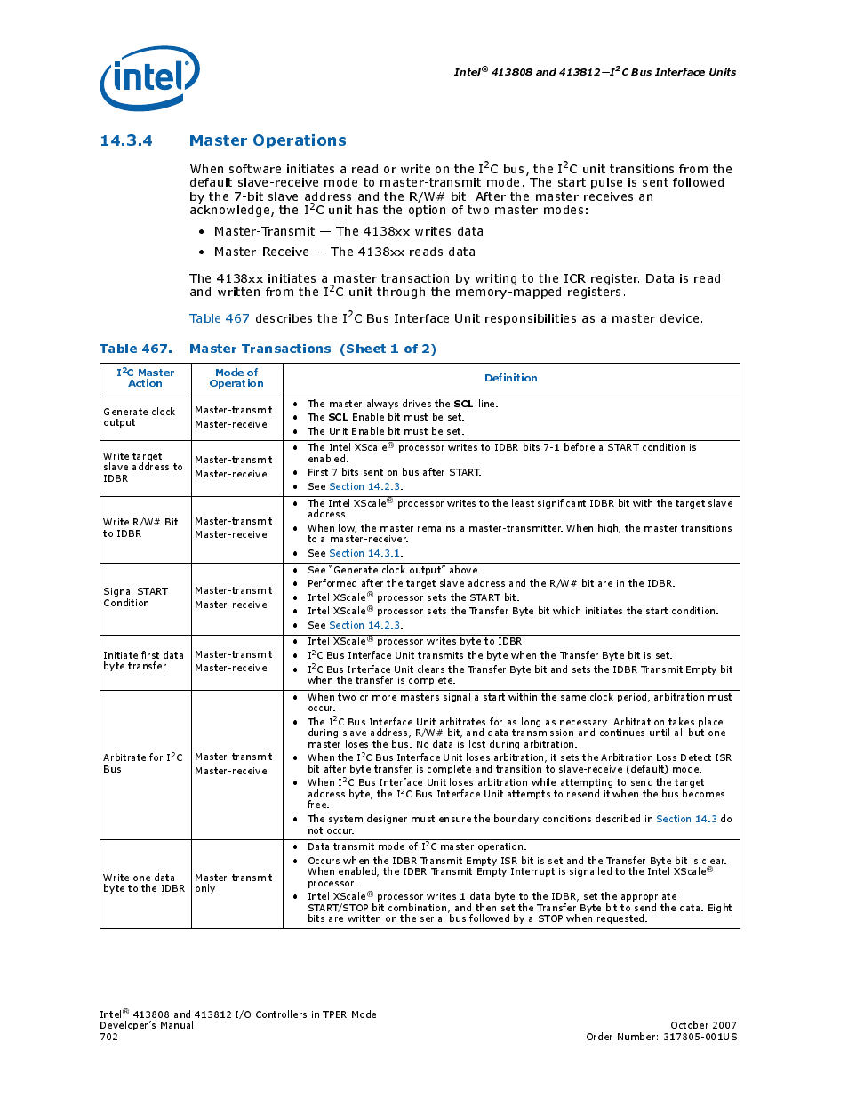 4 master operations, Table 467. master transactions (sheet 1 of 2), 467 master transactions | When software initiates a read or write on the i, C bus, the i | Intel CONTROLLERS 413808 User Manual | Page 702 / 824