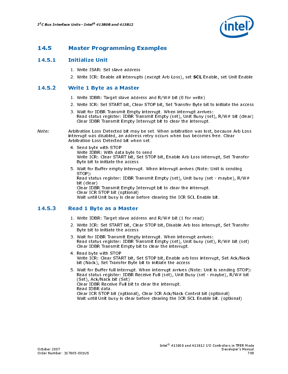 5 master programming examples, 1 initialize unit, 2 write 1 byte as a master | 3 read 1 byte as a master | Intel CONTROLLERS 413808 User Manual | Page 709 / 824