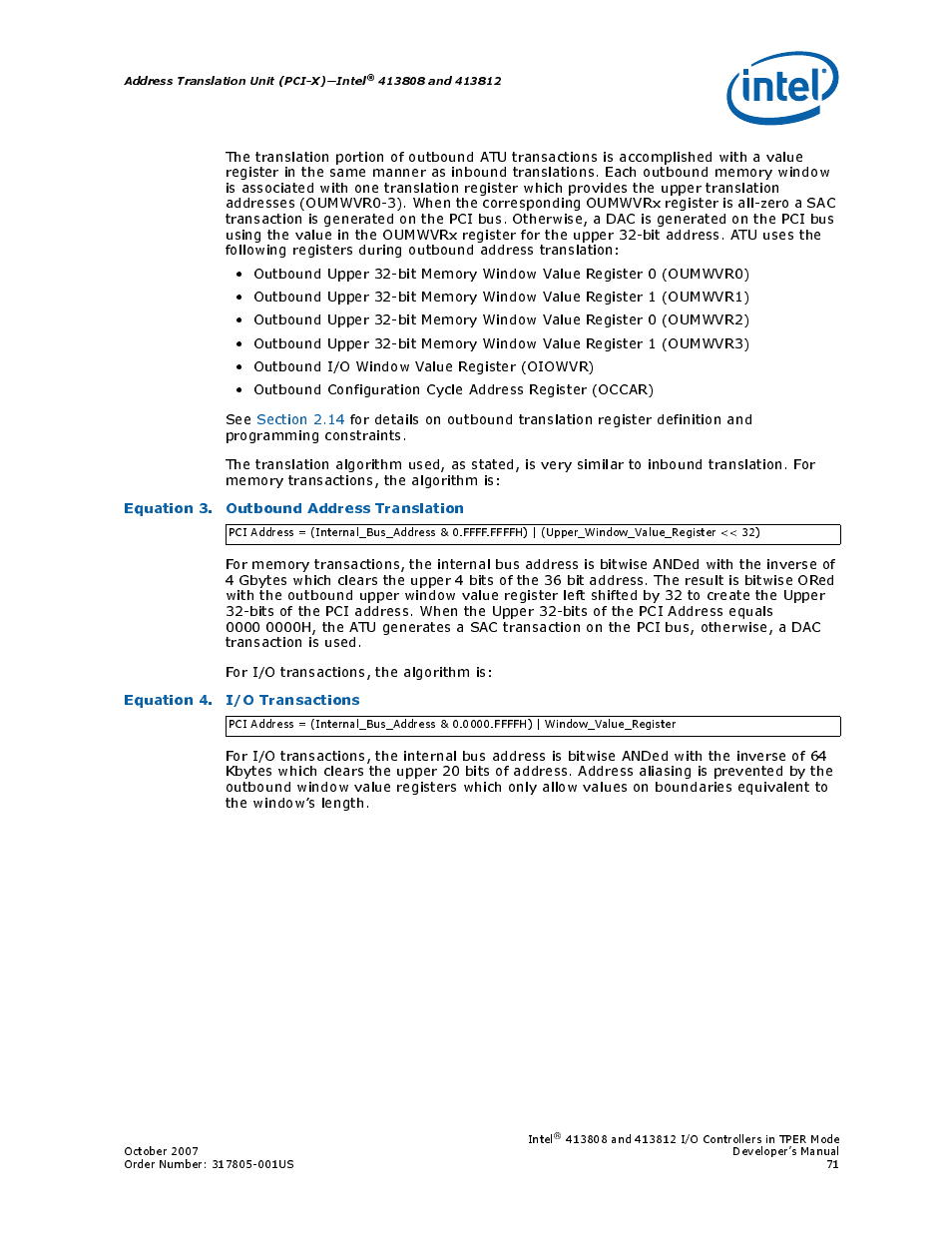 Equation 3. outbound address translation, Equation 4. i/o transactions | Intel CONTROLLERS 413808 User Manual | Page 71 / 824