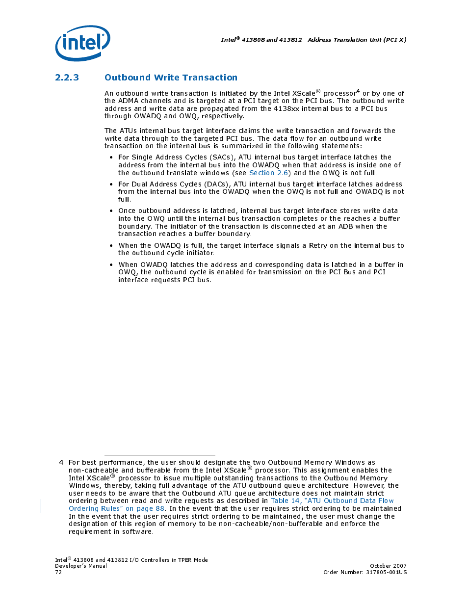 3 outbound write transaction, Section 2.2.3, “outbound write transaction” on, Fer to | Section 2.2.3 | Intel CONTROLLERS 413808 User Manual | Page 72 / 824
