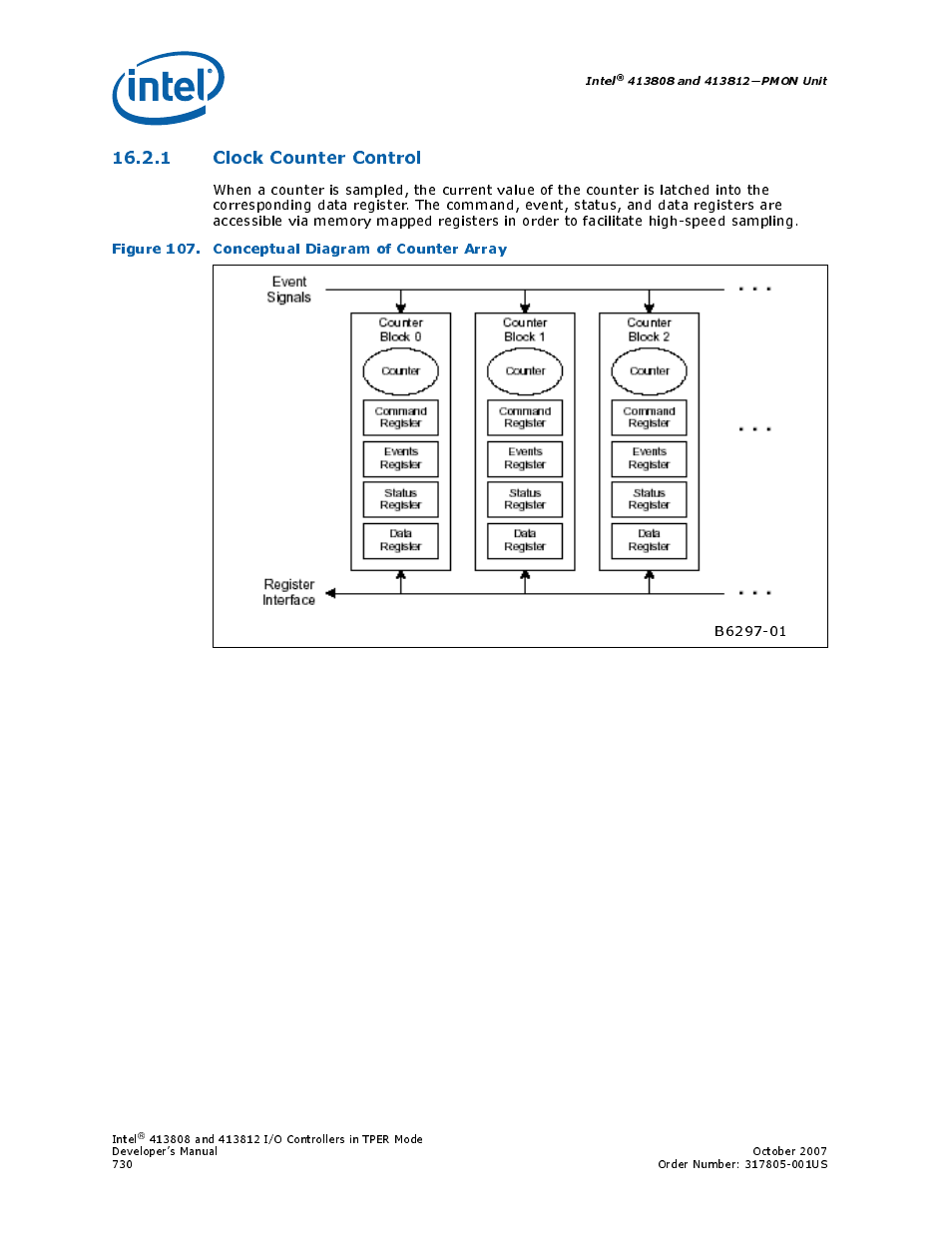 1 clock counter control, Figure 107. conceptual diagram of counter array, 107 conceptual diagram of counter array | Intel CONTROLLERS 413808 User Manual | Page 730 / 824