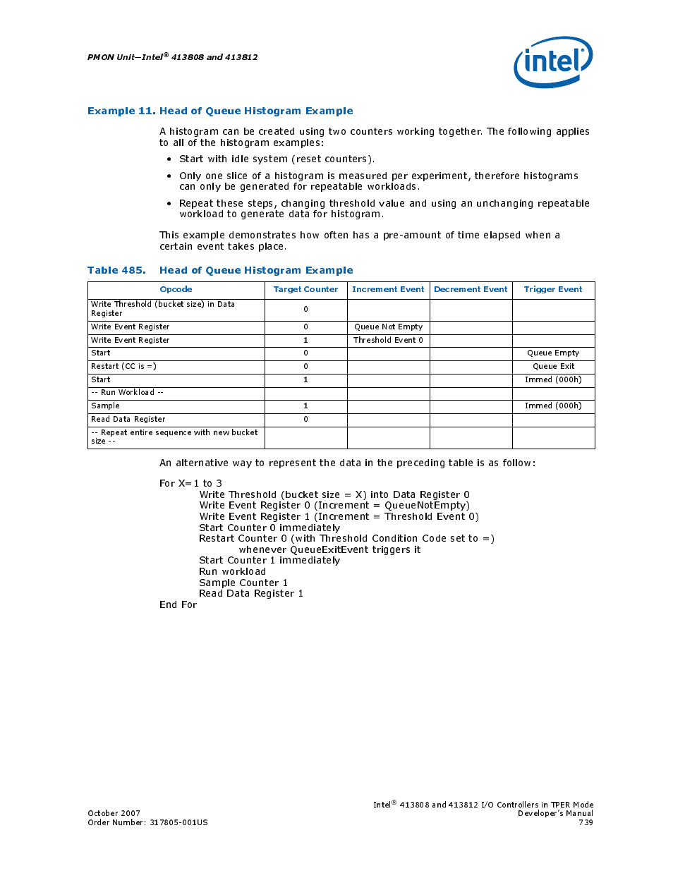 Table 485. head of queue histogram example, 485 head of queue histogram example, Example 11. head of queue histogram example | Intel CONTROLLERS 413808 User Manual | Page 739 / 824