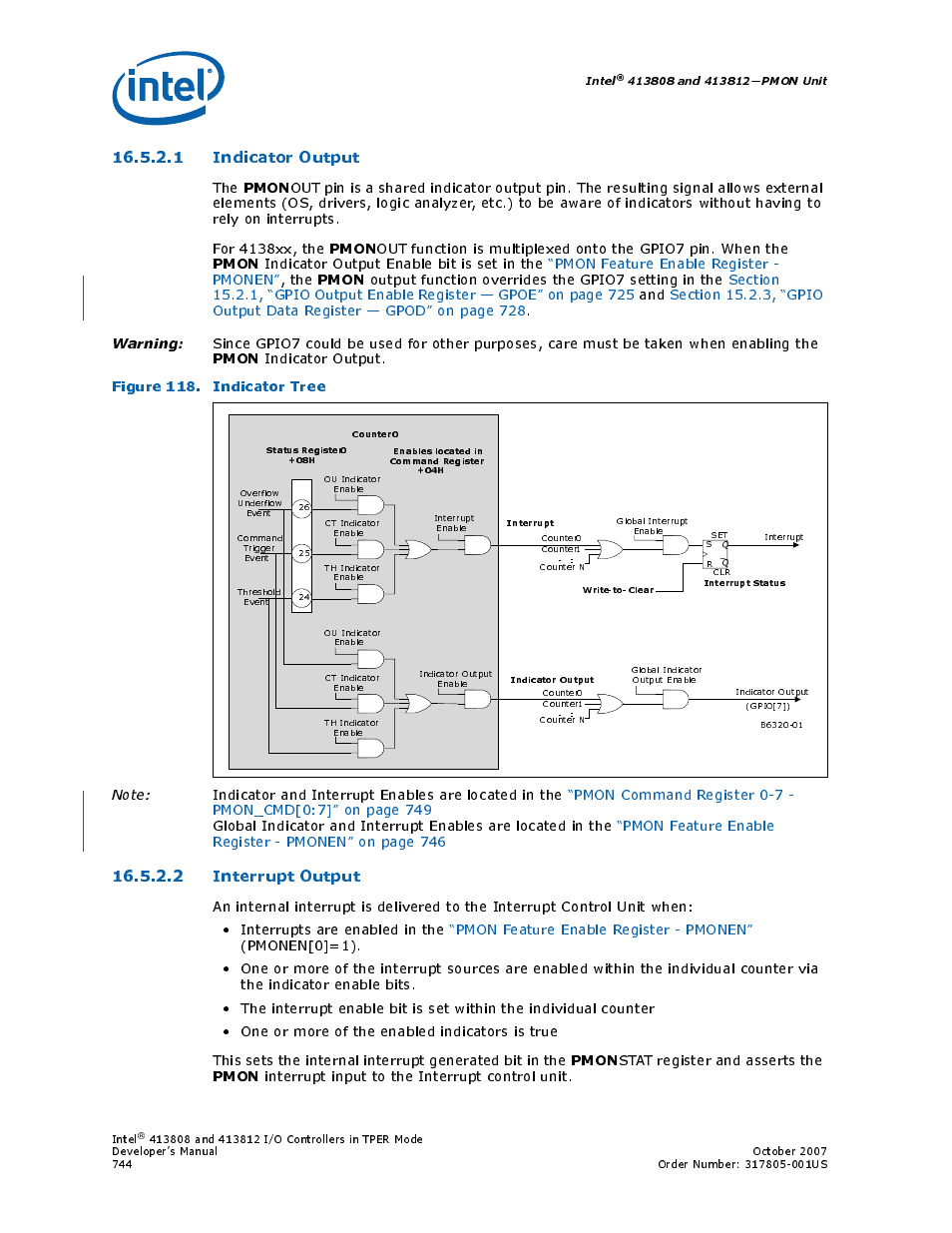 1 indicator output, Figure 118. indicator tree, 2 interrupt output | 118 indicator tree, Pmon, Stat register and asserts the, Interrupt input to the interrupt control unit | Intel CONTROLLERS 413808 User Manual | Page 744 / 824