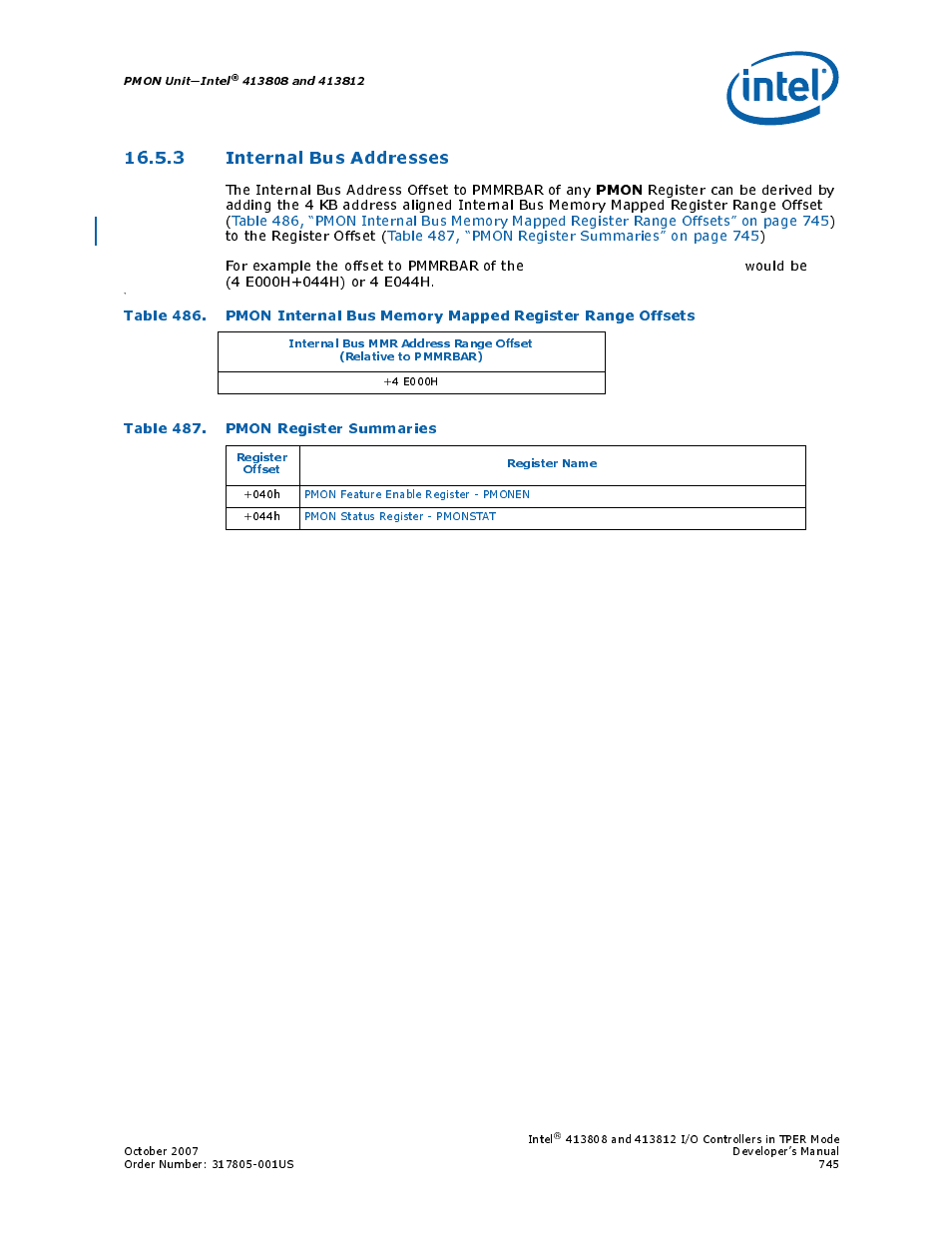 3 internal bus addresses, Table 487. pmon register summaries, Pmon | Intel CONTROLLERS 413808 User Manual | Page 745 / 824