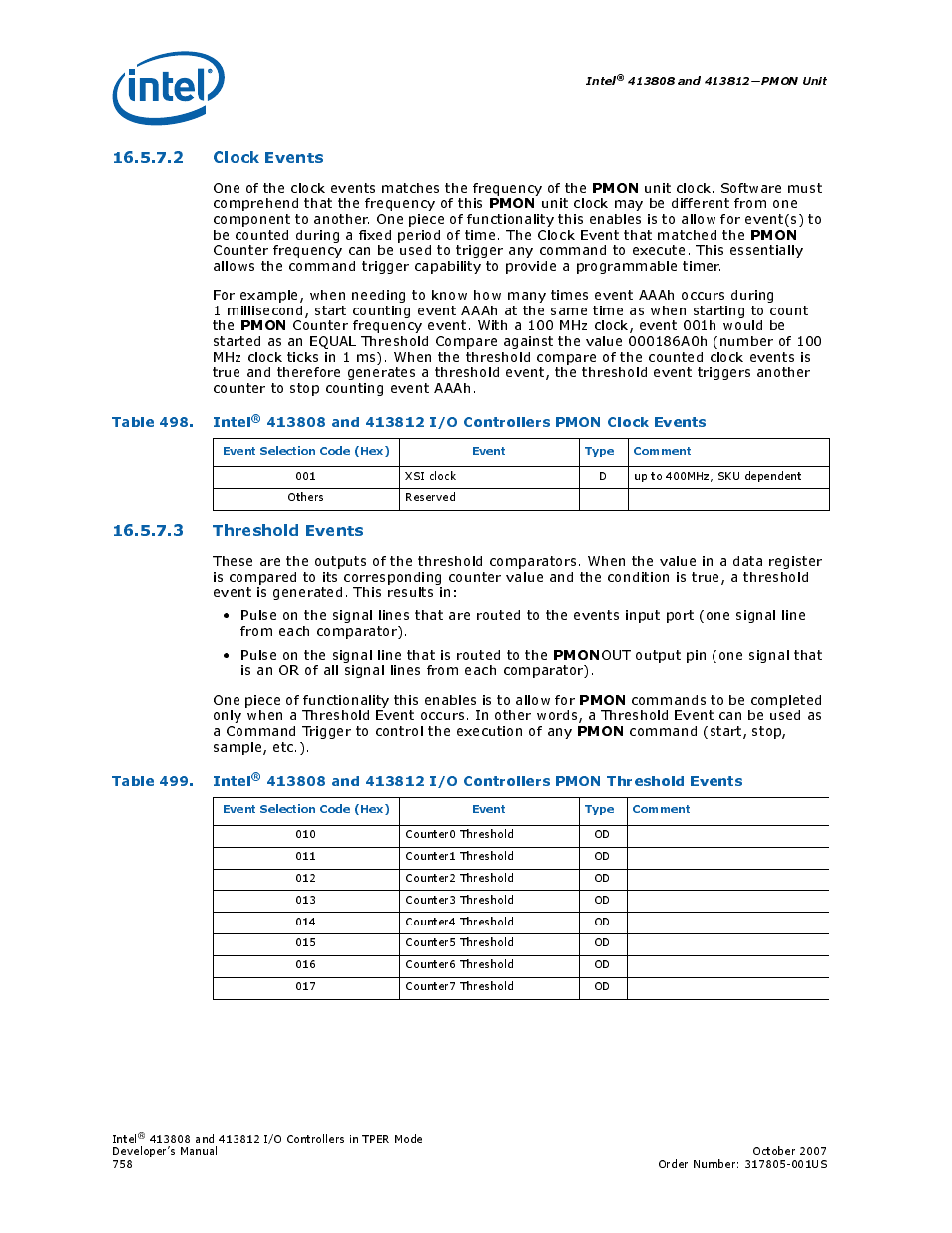 2 clock events, 3 threshold events, 498 intel | 499 intel, Pmon, Table 498. intel, Table 499. intel | Intel CONTROLLERS 413808 User Manual | Page 758 / 824