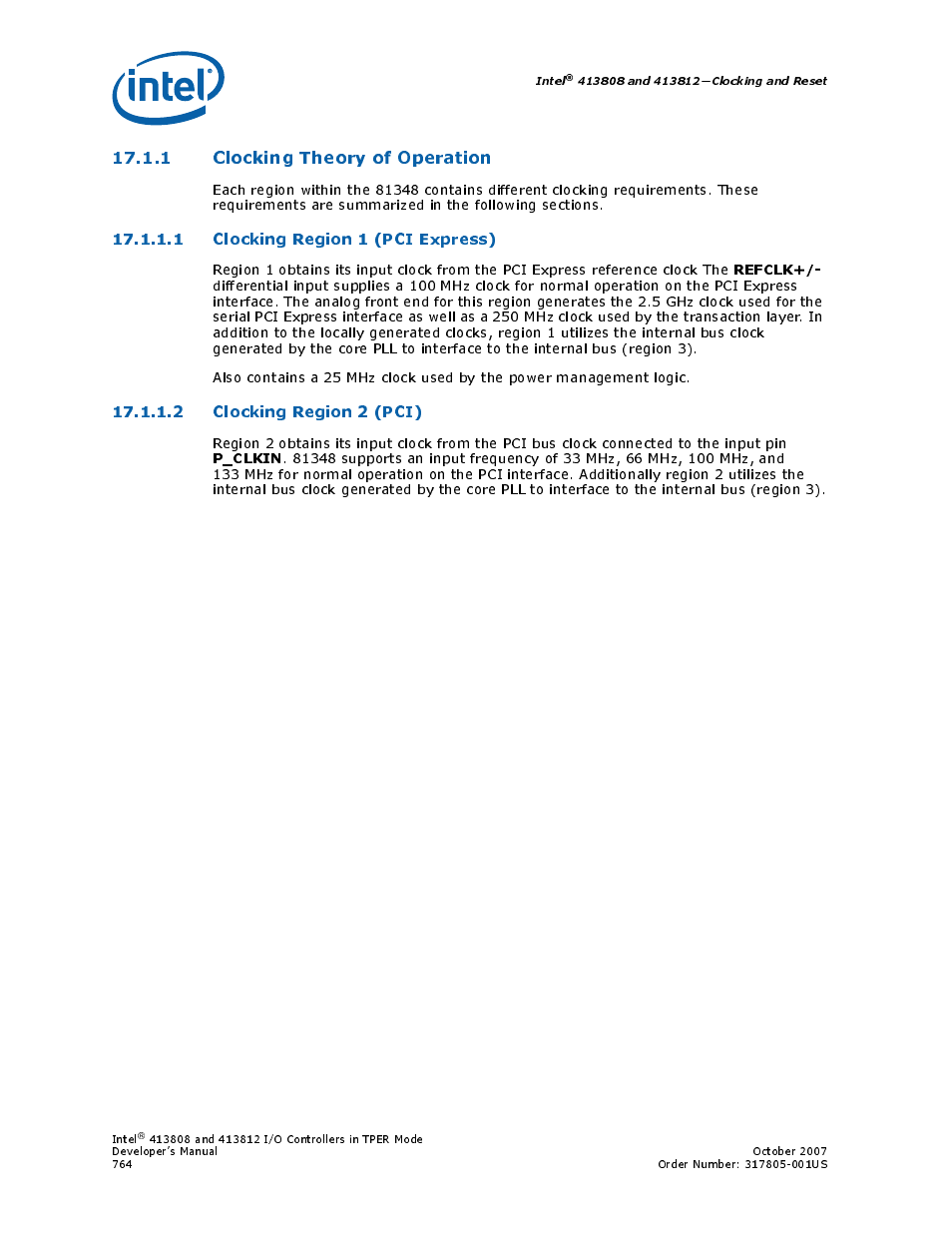 1 clocking theory of operation, 1 clocking region 1 (pci express), 2 clocking region 2 (pci) | Intel CONTROLLERS 413808 User Manual | Page 764 / 824