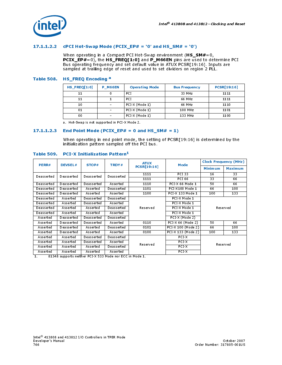 Table 508. hs_freq encoding, 3 end point mode (pcix_ep# = 0 and hs_sm# = 1), Table 509. pci-x initialization pattern1 | 508 hs_freq encoding, 509 pci-x initialization pattern, Hs_sm, Pcix_ep, Hs_freq[1:0, P_m66en, Table 509. pci-x initialization patter n | Intel CONTROLLERS 413808 User Manual | Page 766 / 824