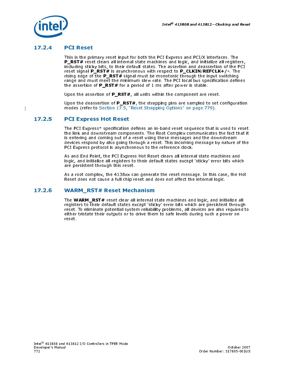 4 pci reset, 5 pci express hot reset, 6 warm_rst# reset mechanism | Intel CONTROLLERS 413808 User Manual | Page 772 / 824