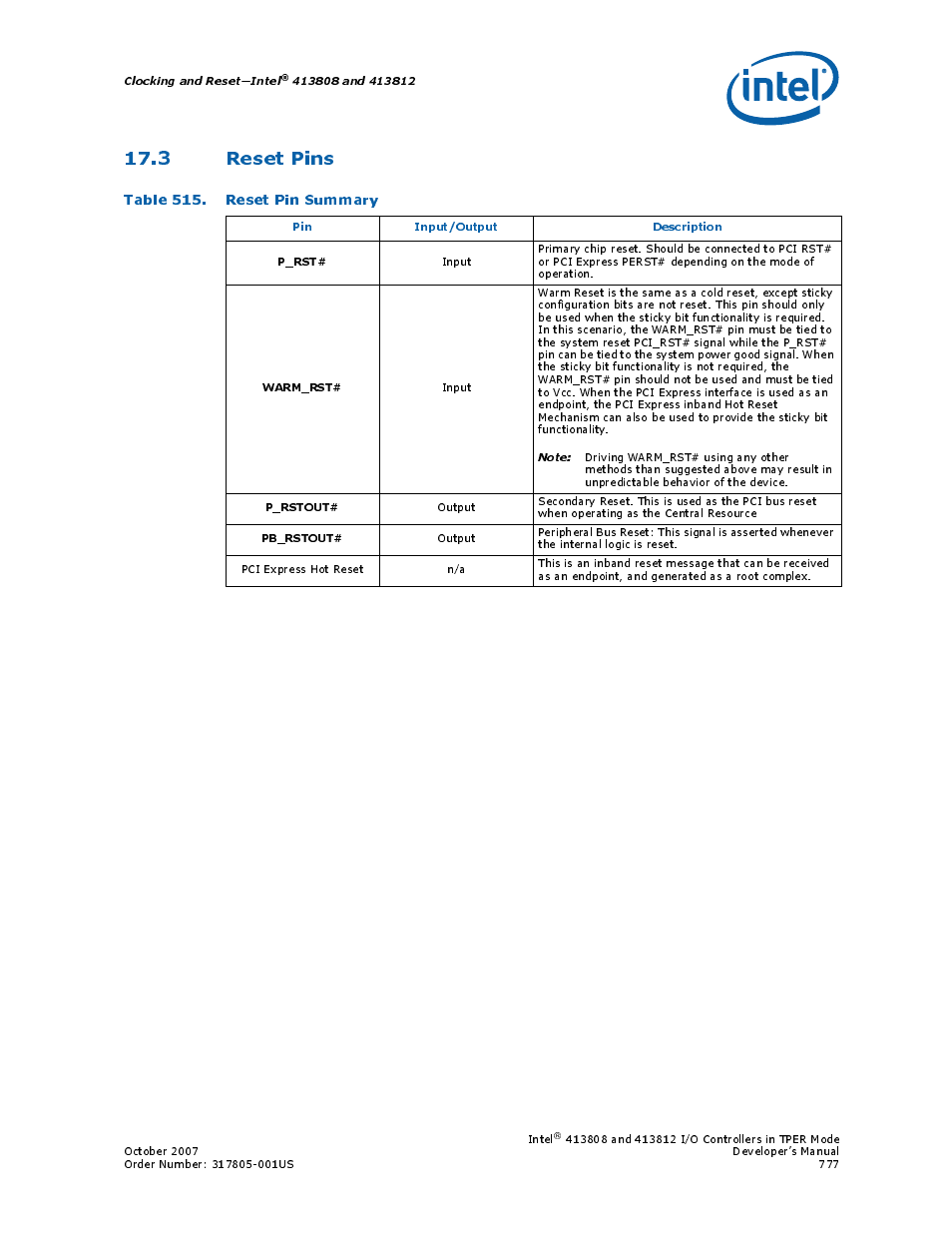 3 reset pins, Table 515. reset pin summary, 515 reset pin summary | Intel CONTROLLERS 413808 User Manual | Page 777 / 824