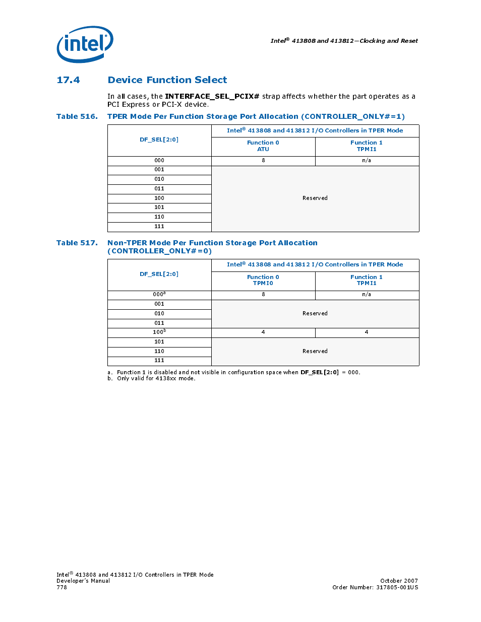 4 device function select, 516 tper mode per function storage port allocation, Interface_sel_pcix | Intel CONTROLLERS 413808 User Manual | Page 778 / 824