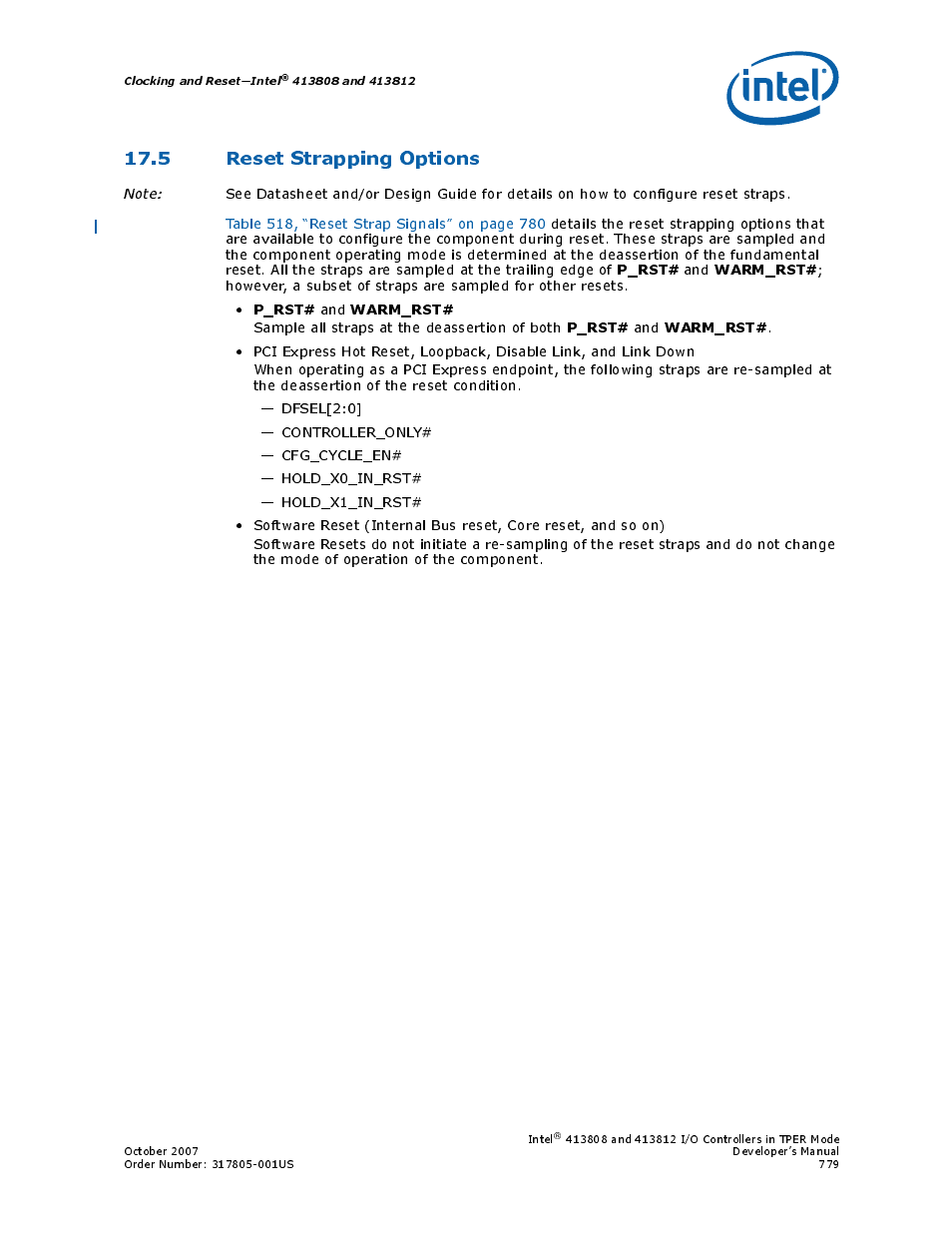 5 reset strapping options, Section 17.5, “reset strapping options | Intel CONTROLLERS 413808 User Manual | Page 779 / 824