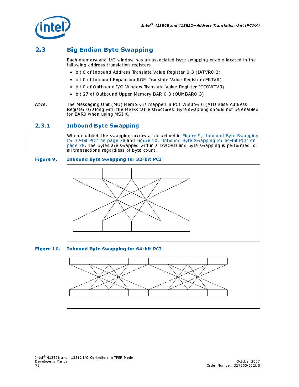 3 big endian byte swapping, 1 inbound byte swapping, Figure 9. inbound byte swapping for 32-bit pci | Figure 10. inbound byte swapping for 64-bit pci, 9 inbound byte swapping for 32-bit pci, 10 inbound byte swapping for 64-bit pci, Intel | Intel CONTROLLERS 413808 User Manual | Page 78 / 824