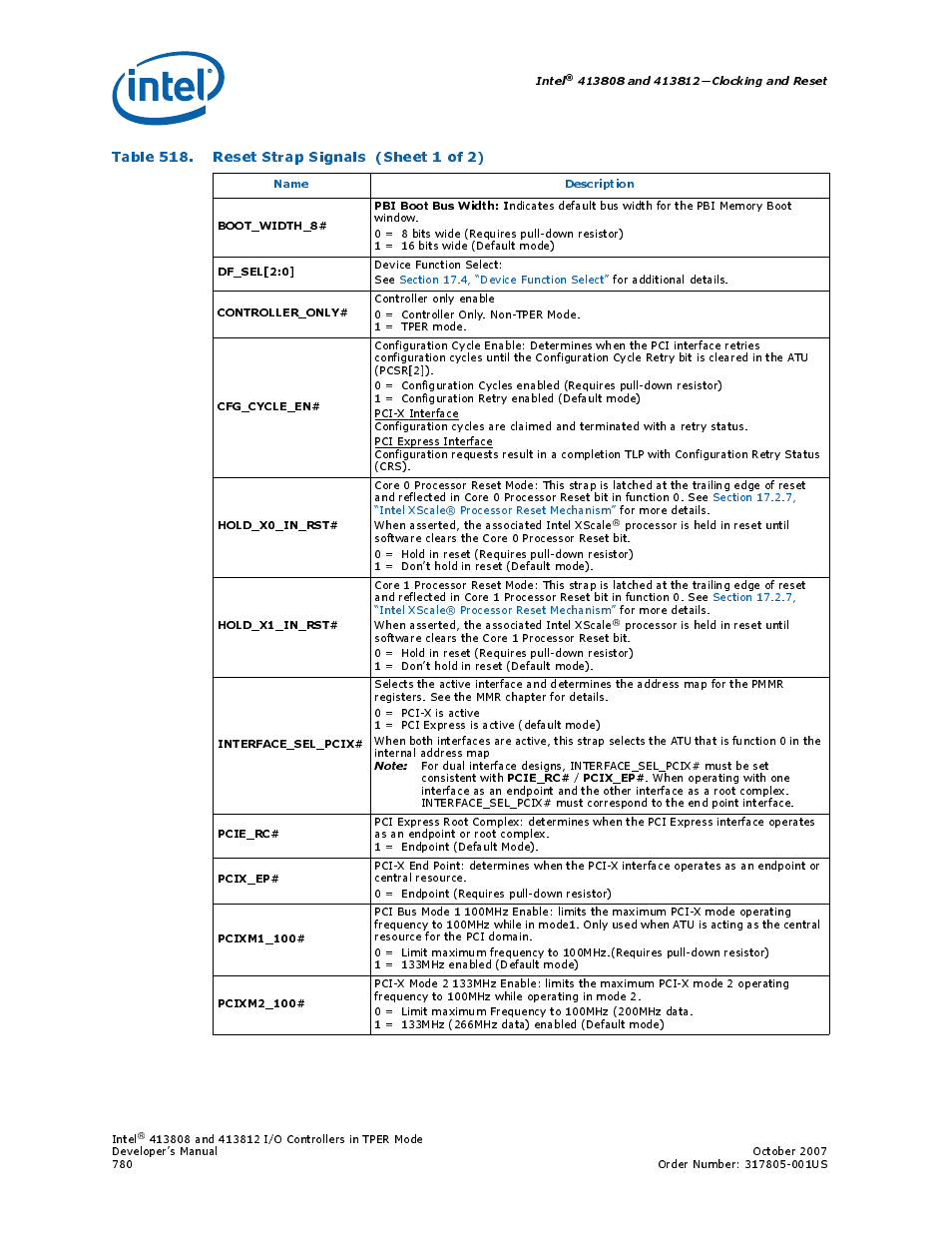 Table 518. reset strap signals (sheet 1 of 2), 518 reset strap signals | Intel CONTROLLERS 413808 User Manual | Page 780 / 824