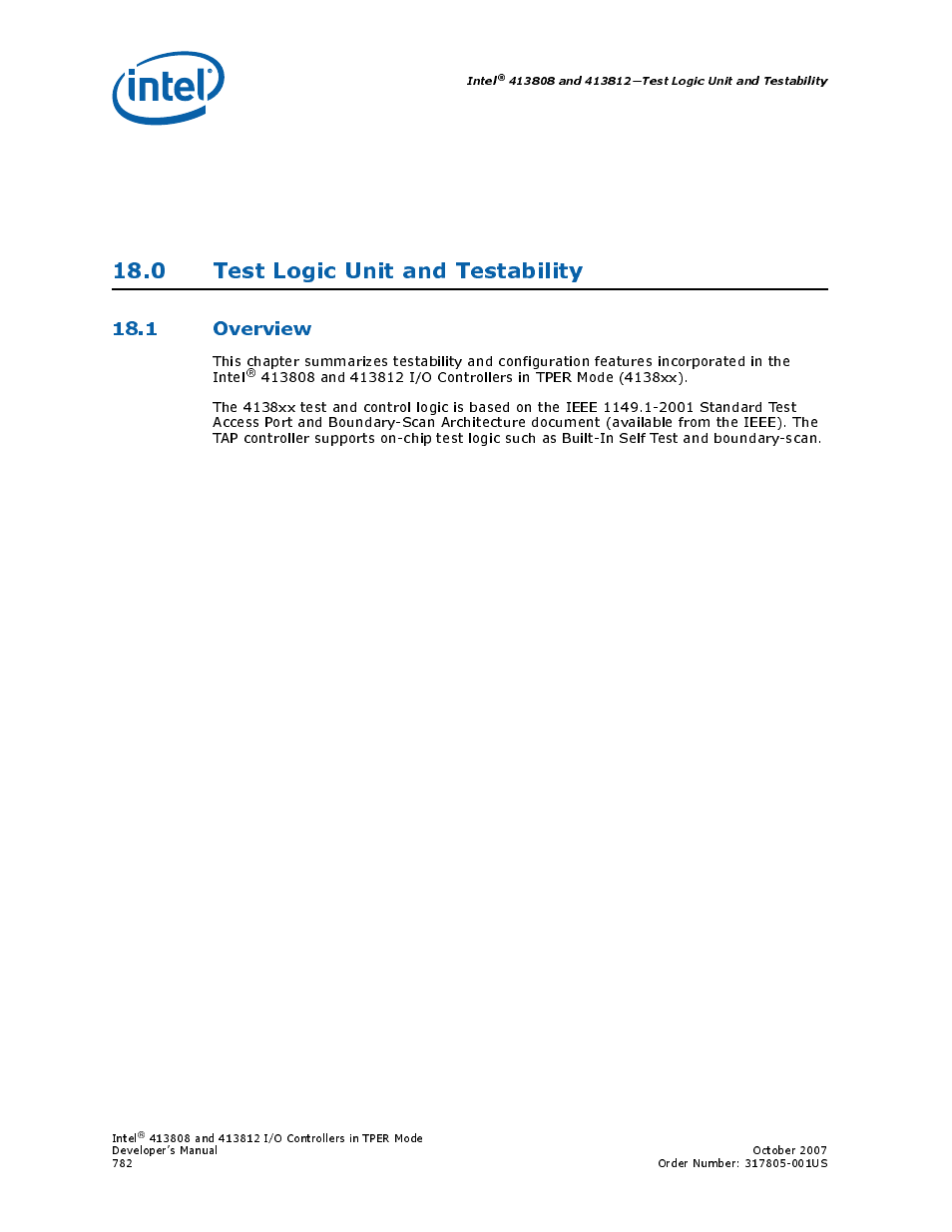 0 test logic unit and testability, 1 overview | Intel CONTROLLERS 413808 User Manual | Page 782 / 824