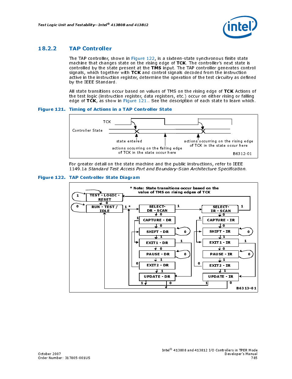 2 tap controller, Figure 122. tap controller state diagram, 121 timing of actions in a tap controller state | 122 tap controller state diagram, Test logic unit and testability—intel | Intel CONTROLLERS 413808 User Manual | Page 785 / 824