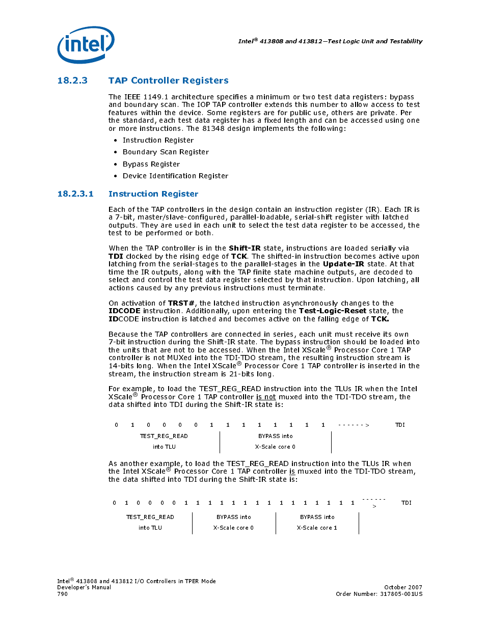 3 tap controller registers, 1 instruction register, Shift-ir | Update-ir, Trst, Idcode, Test-logic-reset | Intel CONTROLLERS 413808 User Manual | Page 790 / 824