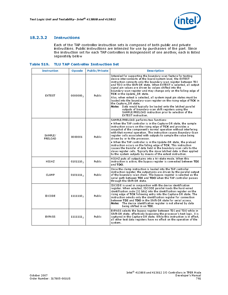 2 instructions, Table 519. tlu tap controller instruction set, 519 tlu tap controller instruction set | Intel CONTROLLERS 413808 User Manual | Page 791 / 824