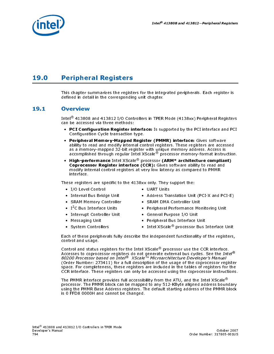 0 peripheral registers, 1 overview, Chapter 19.0, “peripheral registers | Chapter 19.0, “peripheral, Registers, Pci configuration register interface, High-performance | Intel CONTROLLERS 413808 User Manual | Page 794 / 824