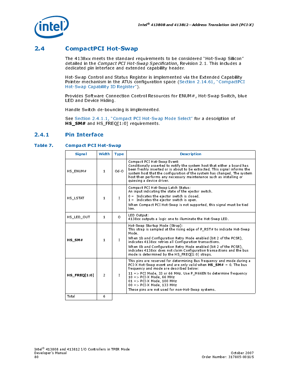 4 compactpci hot-swap, 1 pin interface, Table 7. compact pci hot-swap | 7 compact pci hot-swap, Hs_sm | Intel CONTROLLERS 413808 User Manual | Page 80 / 824