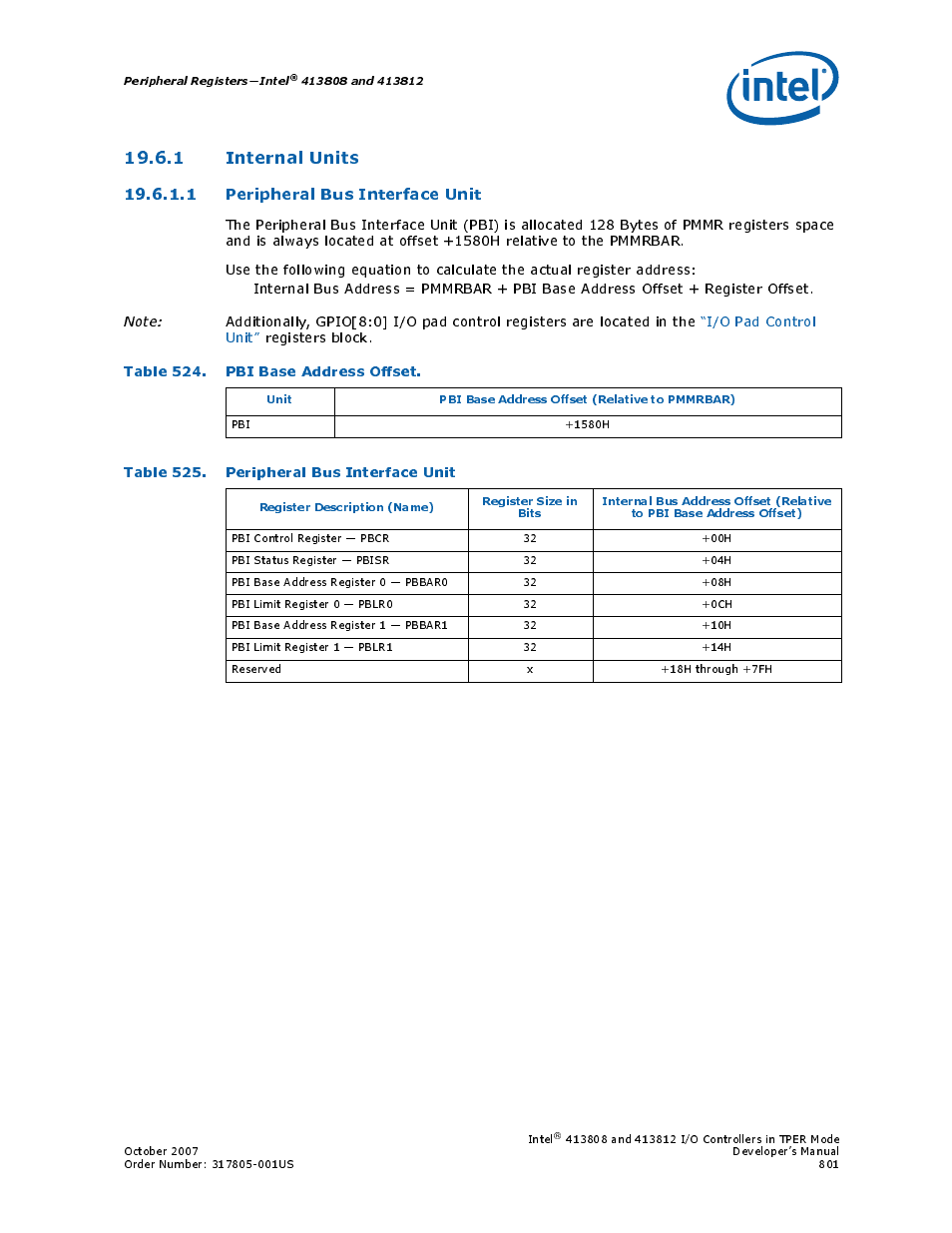 1 internal units, 1 peripheral bus interface unit, Table 524. pbi base address offset | Table 525. peripheral bus interface unit, 524 pbi base address offset, 525 peripheral bus interface unit, Peripheral bus interface unit | Intel CONTROLLERS 413808 User Manual | Page 801 / 824