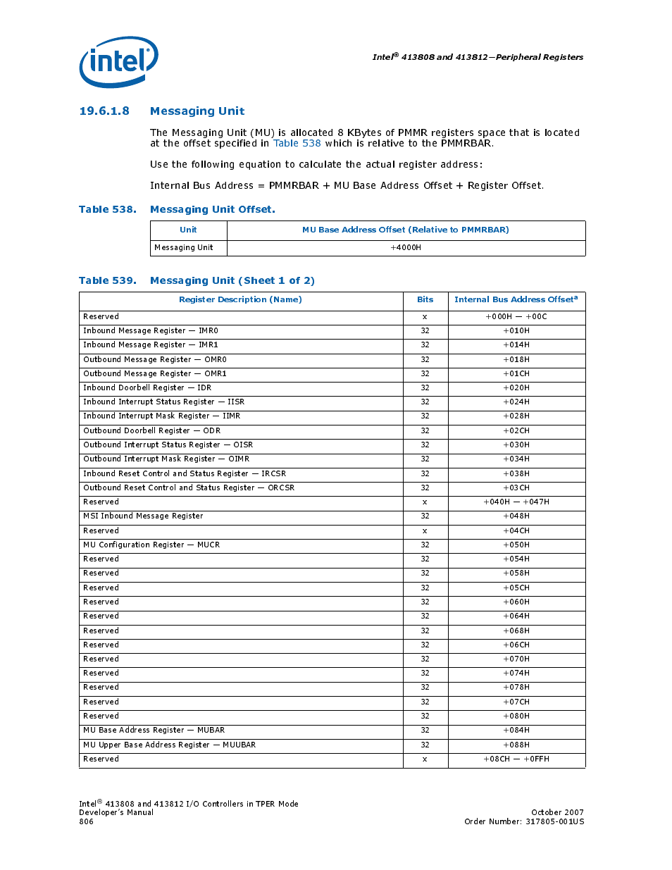 8 messaging unit, Table 538. messaging unit offset, Table 539. messaging unit (sheet 1 of 2) | 538 messaging unit offset, 539 messaging unit, Messaging unit | Intel CONTROLLERS 413808 User Manual | Page 806 / 824
