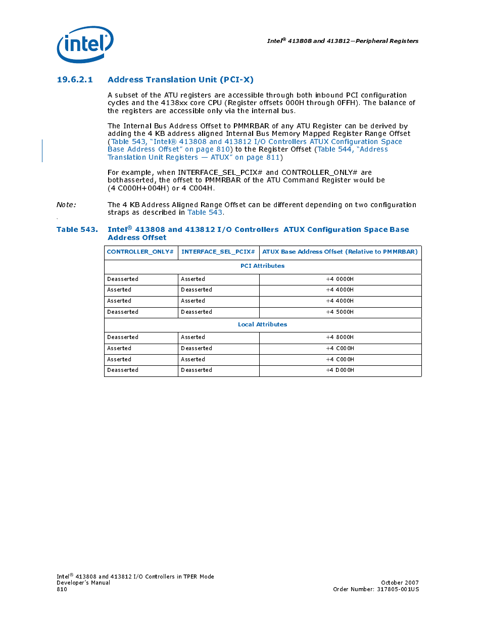 1 address translation unit (pci-x), 543 intel, Table 543. intel | Intel CONTROLLERS 413808 User Manual | Page 810 / 824