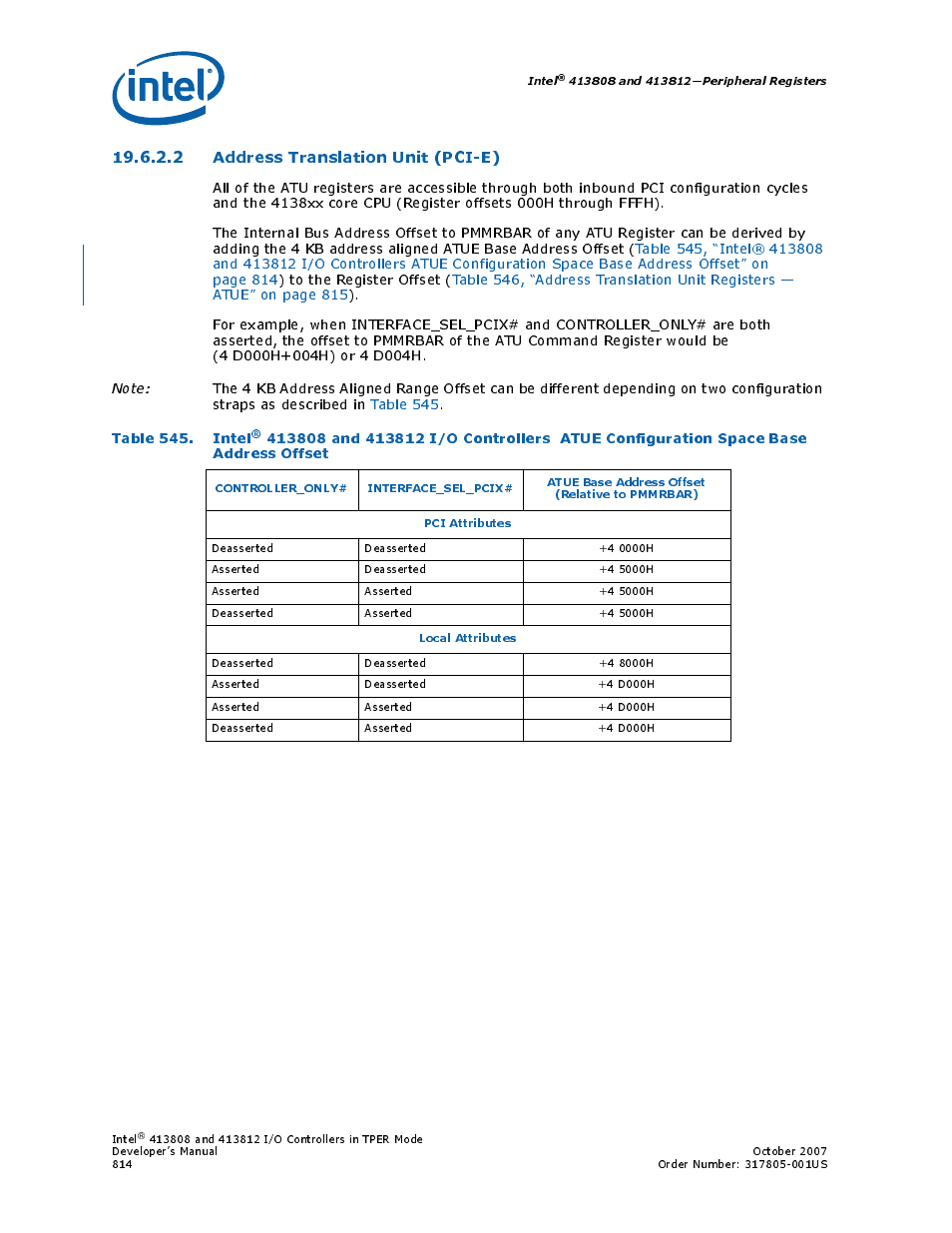 2 address translation unit (pci-e), 545 intel, Table 545. intel | Intel CONTROLLERS 413808 User Manual | Page 814 / 824