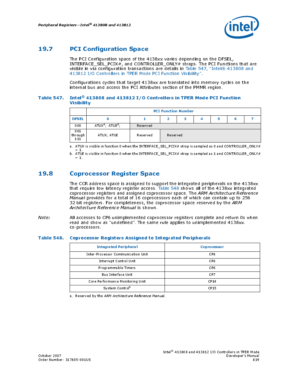 7 pci configuration space, 8 coprocessor register space, 547 intel | Table 547. intel | Intel CONTROLLERS 413808 User Manual | Page 819 / 824
