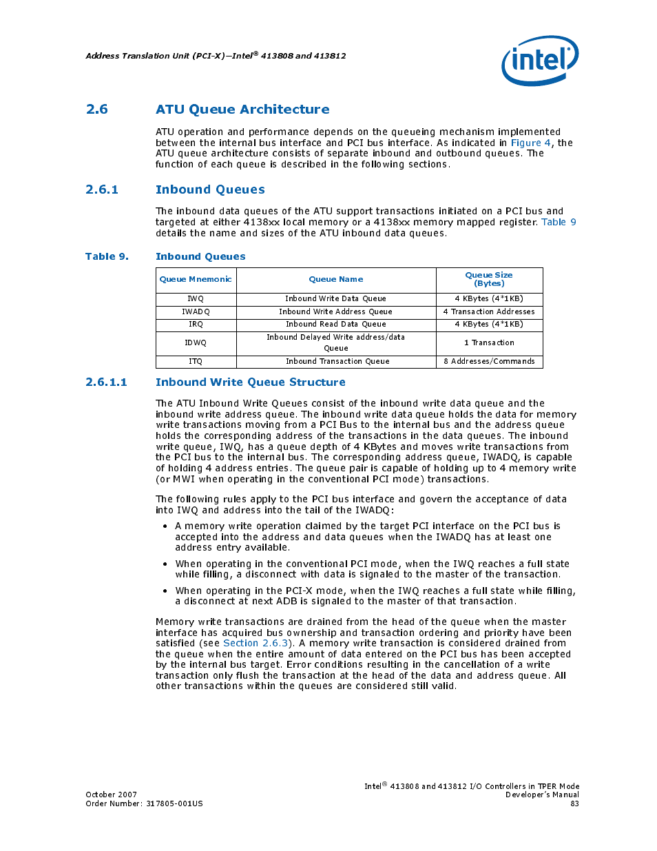 6 atu queue architecture, 1 inbound queues, Table 9. inbound queues | 1 inbound write queue structure, 9 inbound queues, Section 2.6, R to | Intel CONTROLLERS 413808 User Manual | Page 83 / 824