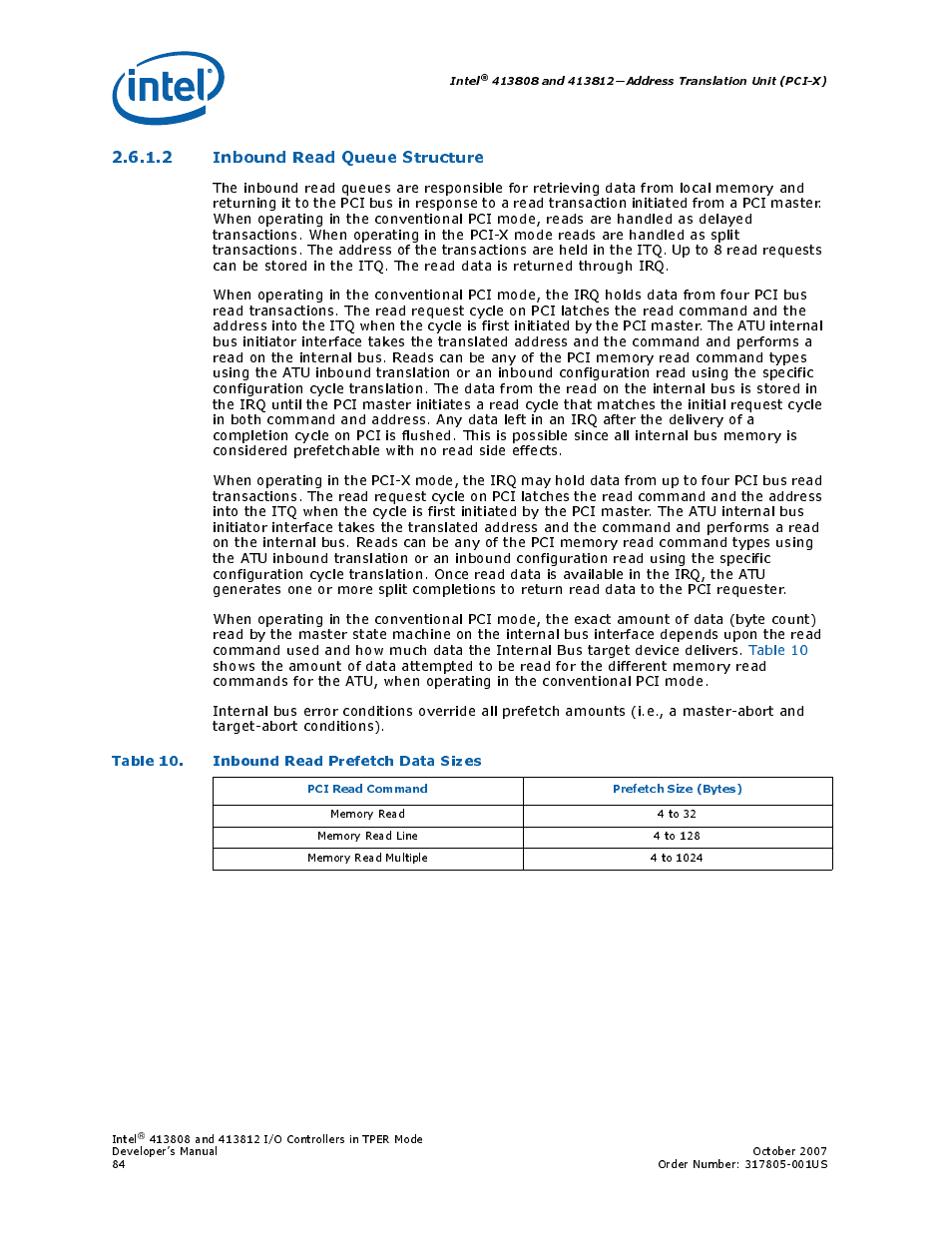 2 inbound read queue structure, Table 10. inbound read prefetch data sizes, 10 inbound read prefetch data sizes | Section 2.6.1.2, “inbound read queue structure” on | Intel CONTROLLERS 413808 User Manual | Page 84 / 824