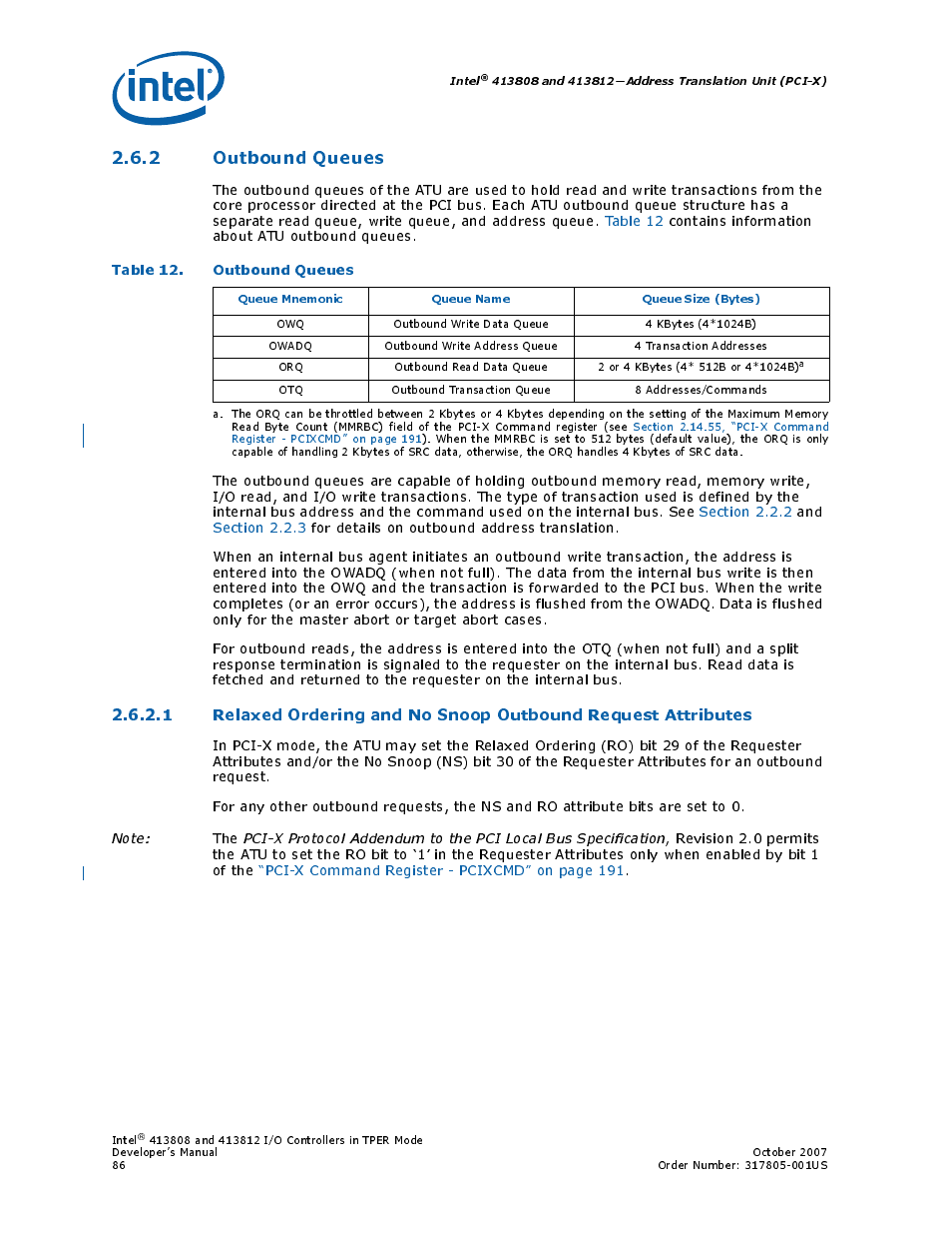 2 outbound queues, Table 12. outbound queues, 12 outbound queues | Section 2.6.2 | Intel CONTROLLERS 413808 User Manual | Page 86 / 824