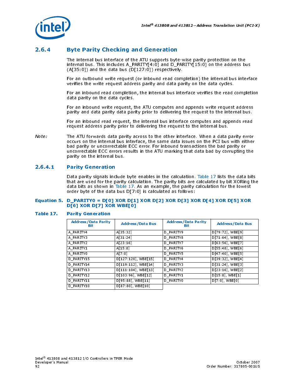 4 byte parity checking and generation, 1 parity generation, Table 17. parity generation | 17 parity generation | Intel CONTROLLERS 413808 User Manual | Page 92 / 824