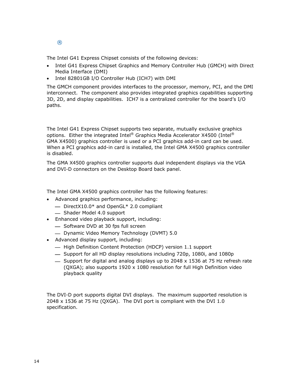 Intel® g41 express chipset, Graphics support, Intel® gma x4500 graphics controller | Dvi support, Intel, G41 express chipset, Gma x4500 graphics controller | Intel DG41MJ User Manual | Page 14 / 68