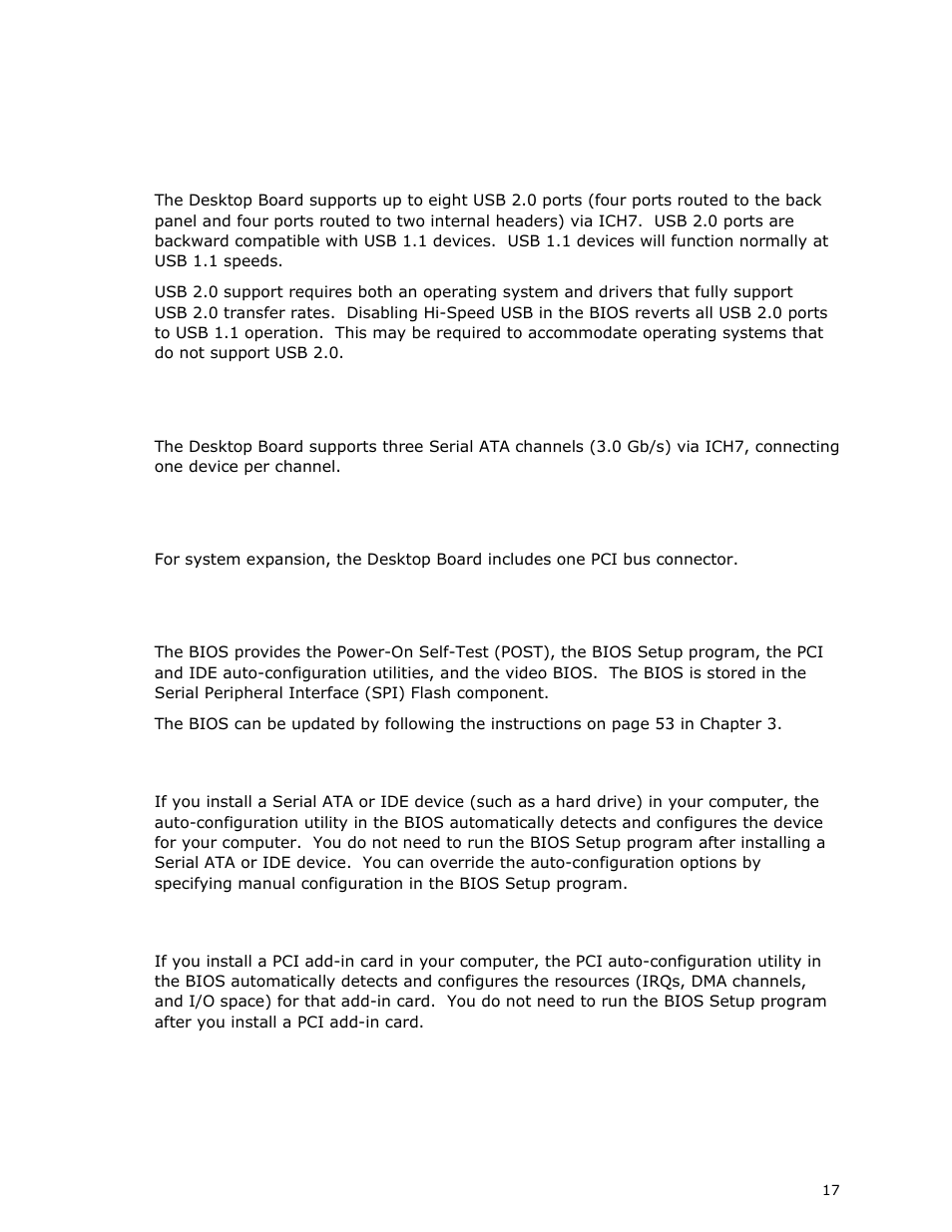 Usb 2.0 support, Serial ata, Expandability | Bios, Serial ata and ide auto configuration, Pci* auto configuration | Intel DG41MJ User Manual | Page 17 / 68