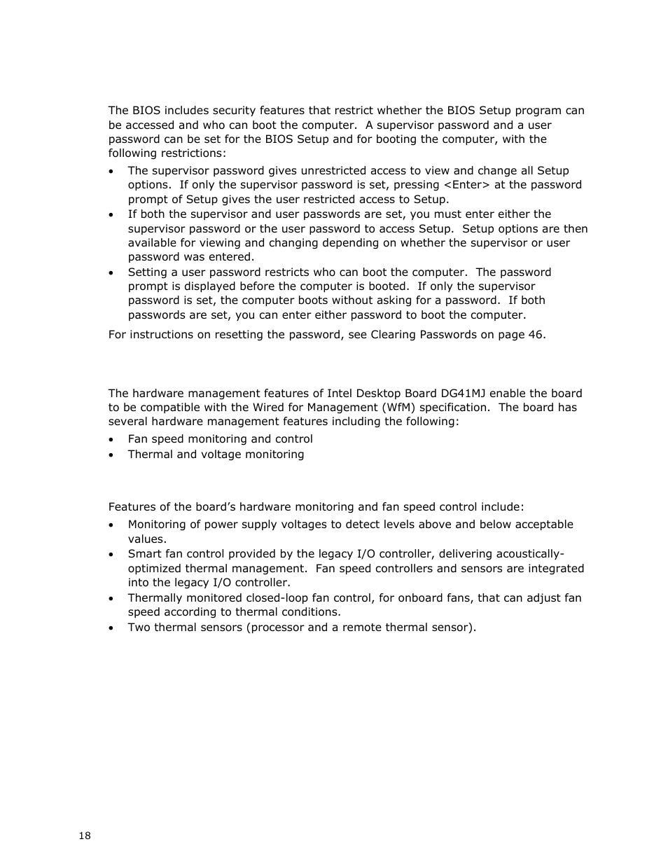 Security passwords, Hardware management features, Hardware monitoring and fan speed control | Intel DG41MJ User Manual | Page 18 / 68